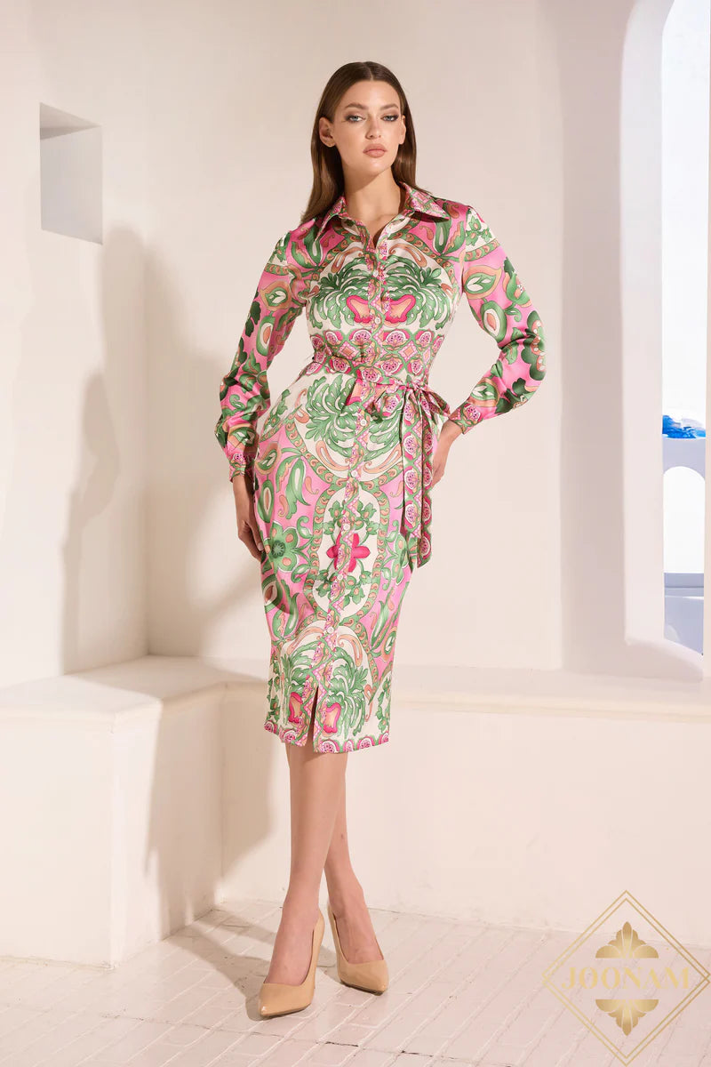 Terani Couture 251S4661 Pink Collared Neck Full-Sleeve Printed Satin Straight Shirtdress with Belt