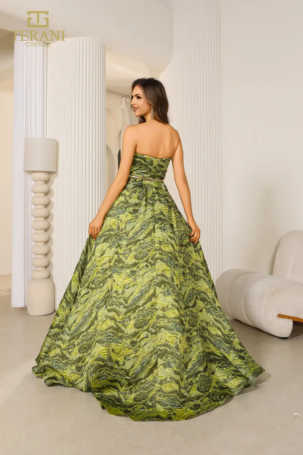 Terani Couture 251E4269 Lava Jacquard Strapless High Slit Evening Ballgown