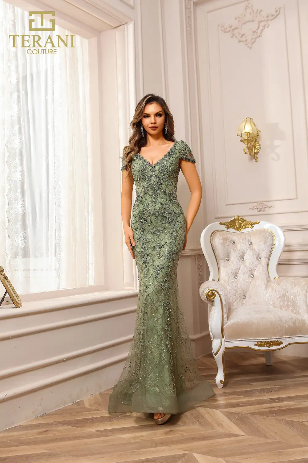 Terani Couture 251GL4194 Cap Sleeve V-neck Trumpet Olive Lace Pageant Dress