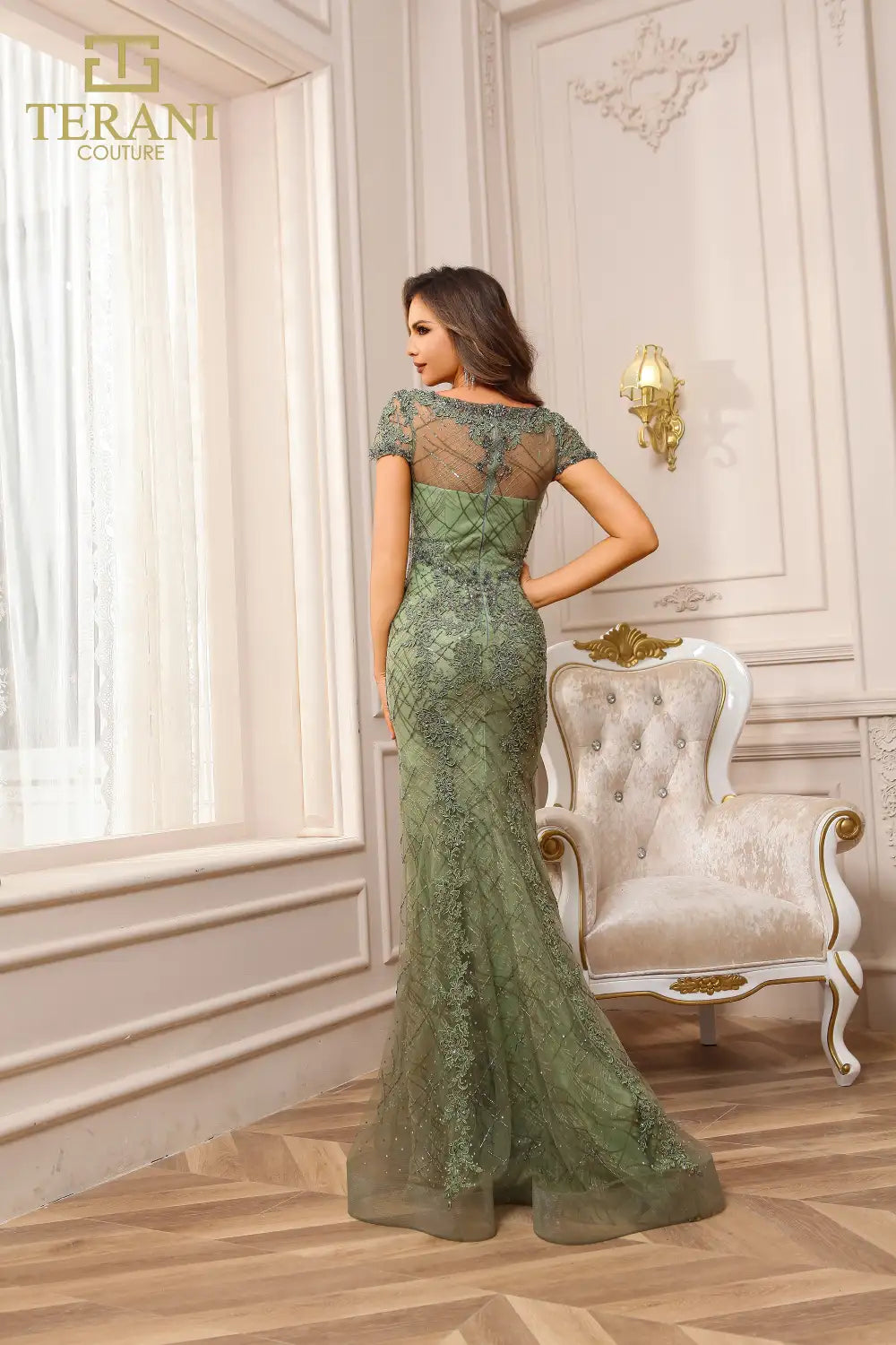 Terani Couture 251GL4194 Cap Sleeve V-neck Trumpet Olive Lace Pageant Dress