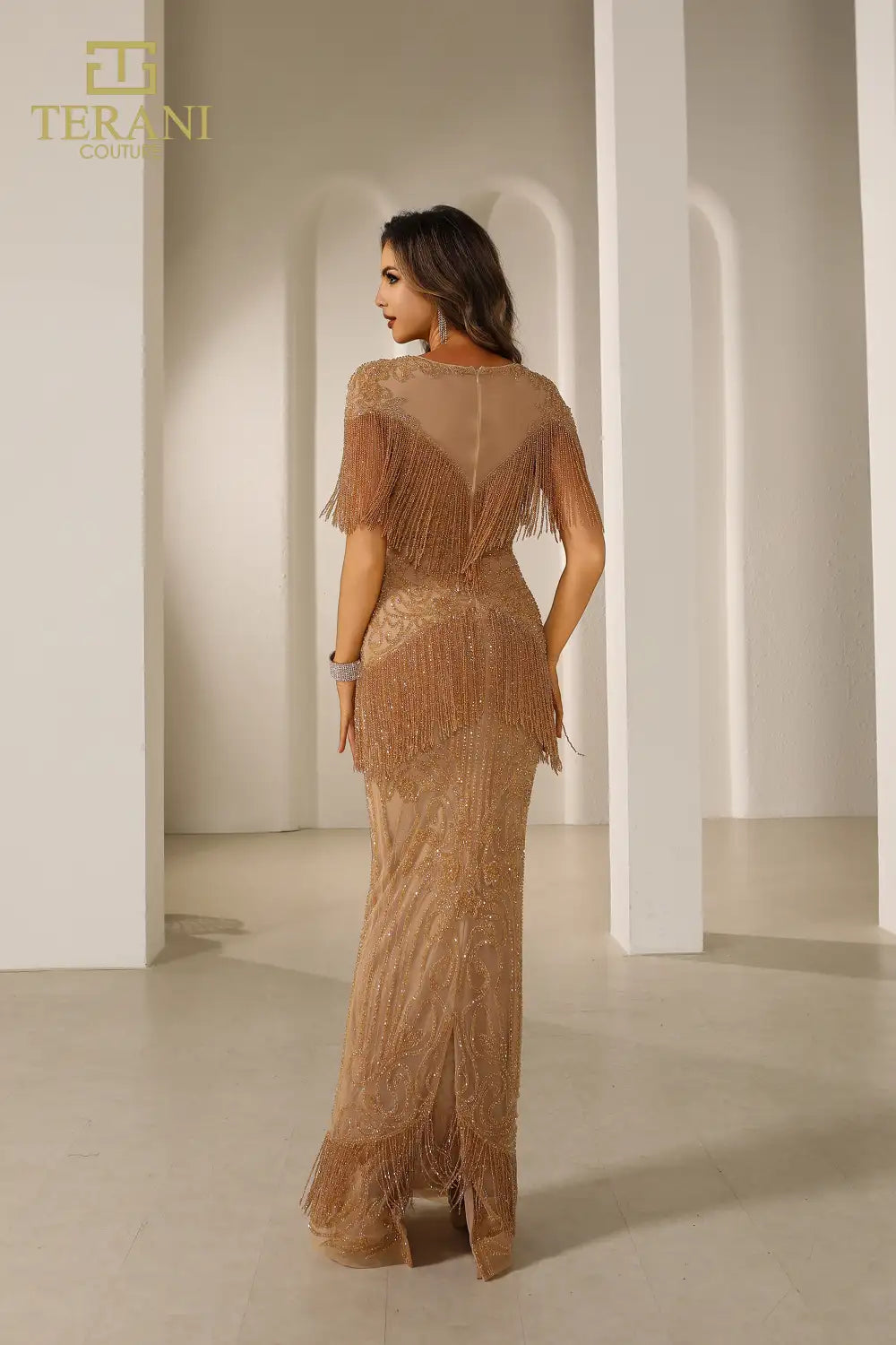 Terani Couture 251GL4349 Illusion Neck Sleeveless Tulle Gold Pageant Dress
