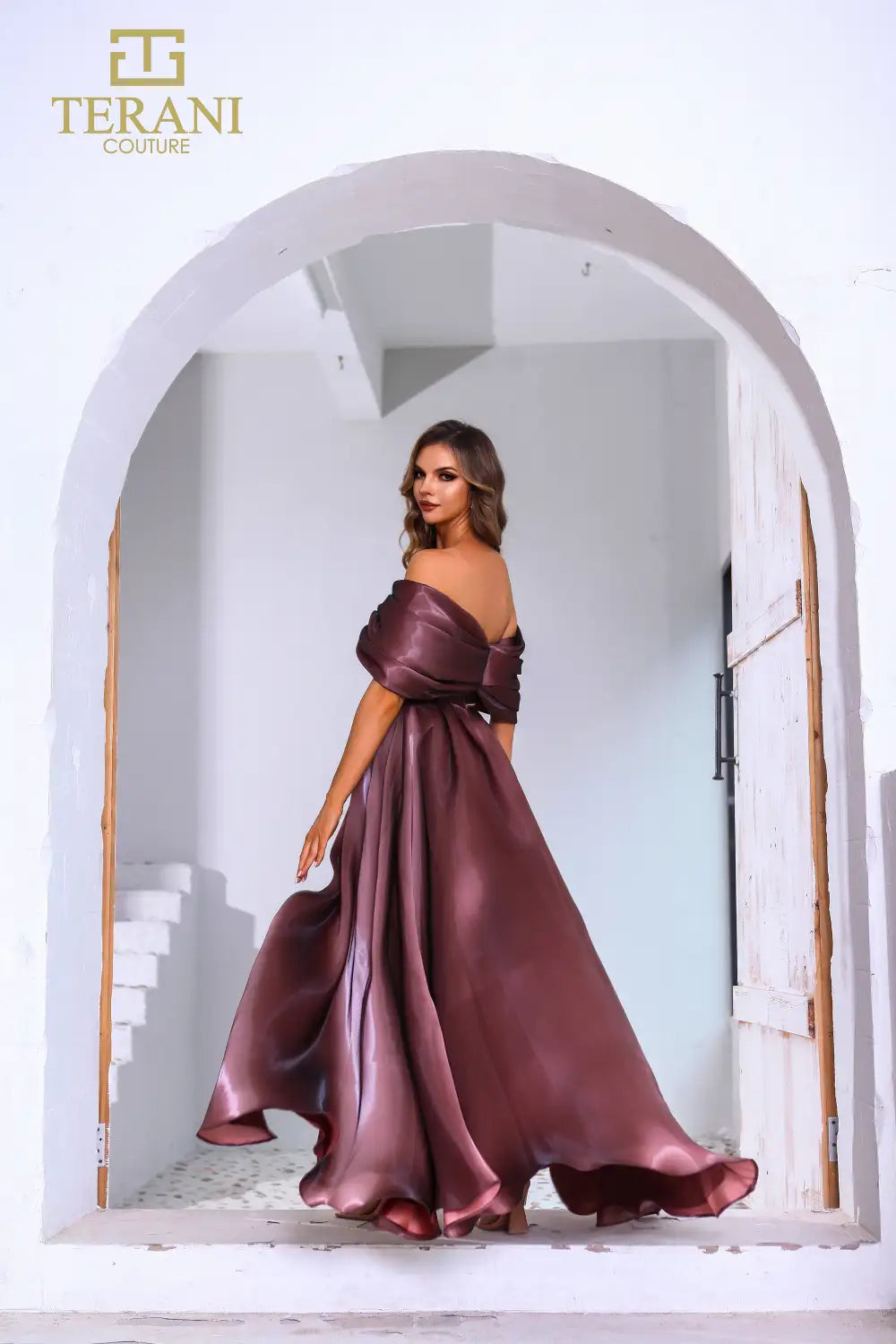 Terani Couture 251M4044 A-line Off the Shoulder Front Slit Long Dress