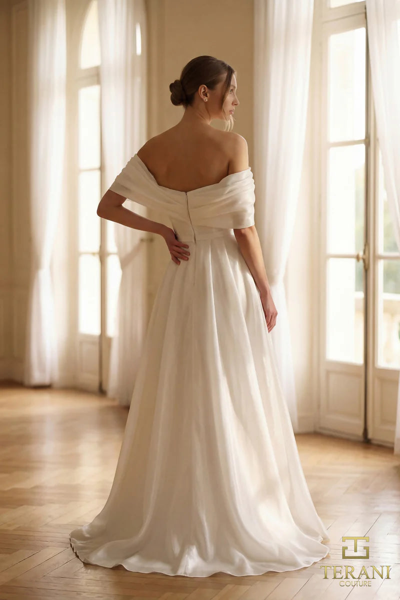 Terani Couture 251M4044-S Ivory Off-the-Shoulder Shimmer Organza A-Line Gown with Front Slit