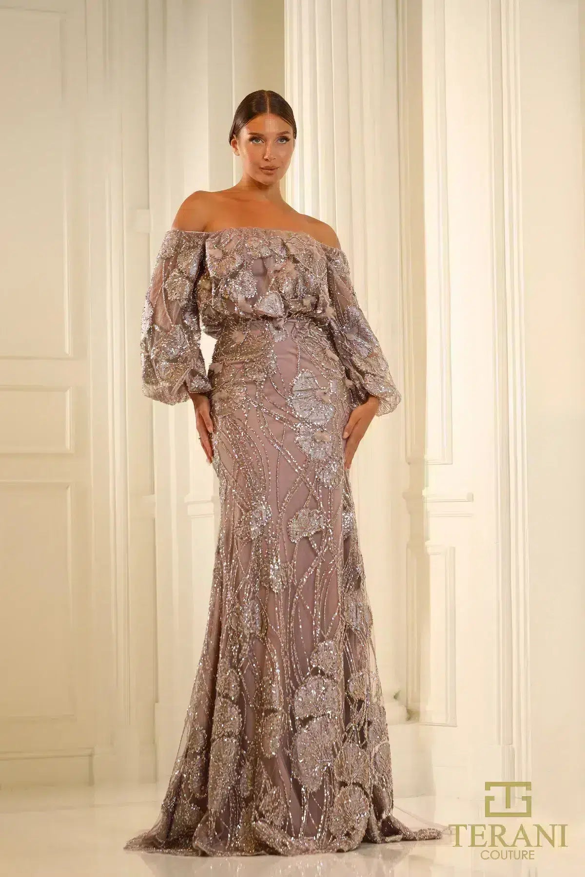 Terani Couture 251M4414 Off-The-Shoulder Puff Sleeves Sheath Dress