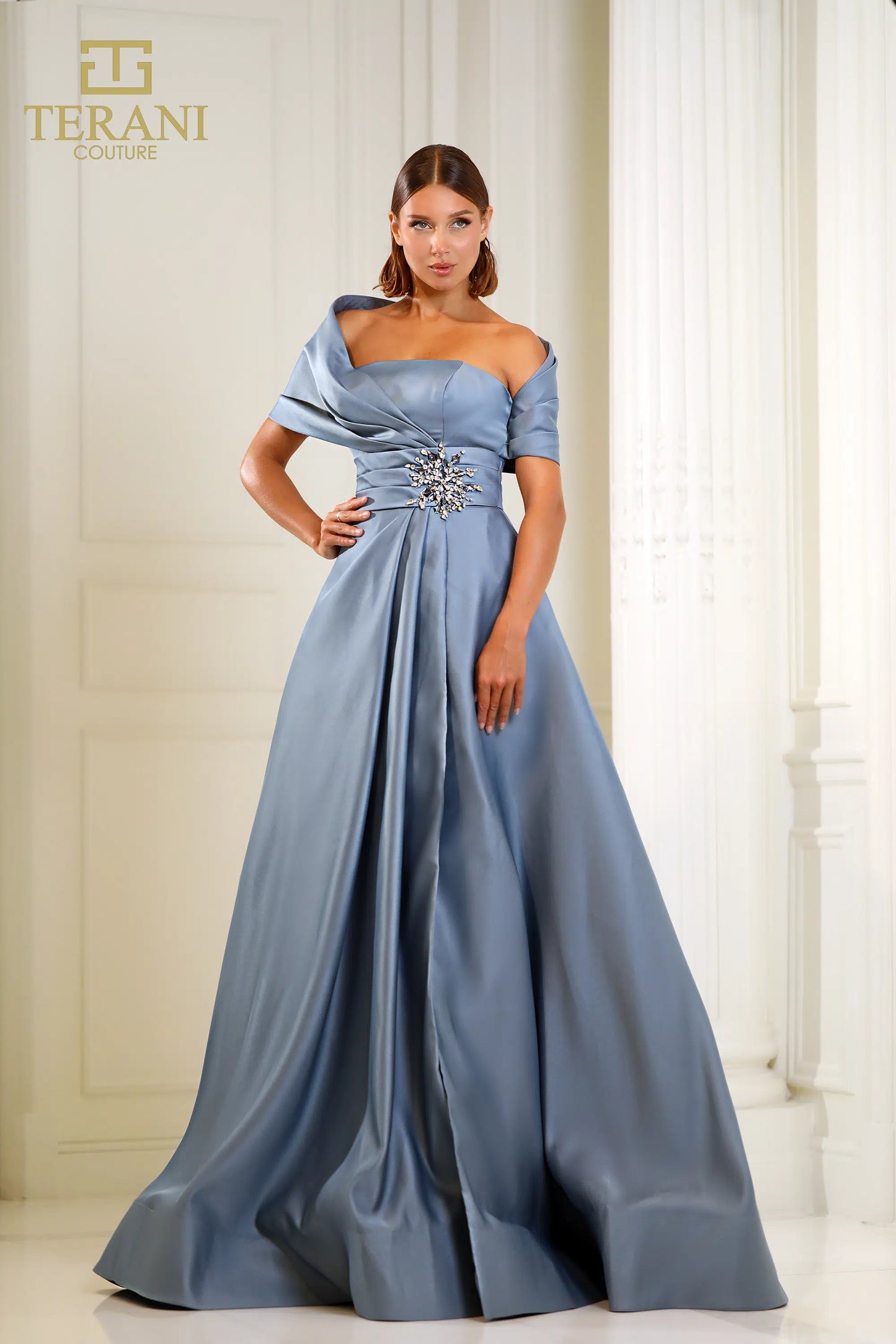 Terani Couture 251M4441 Matte Satin A-line One Shoulder Long Dress