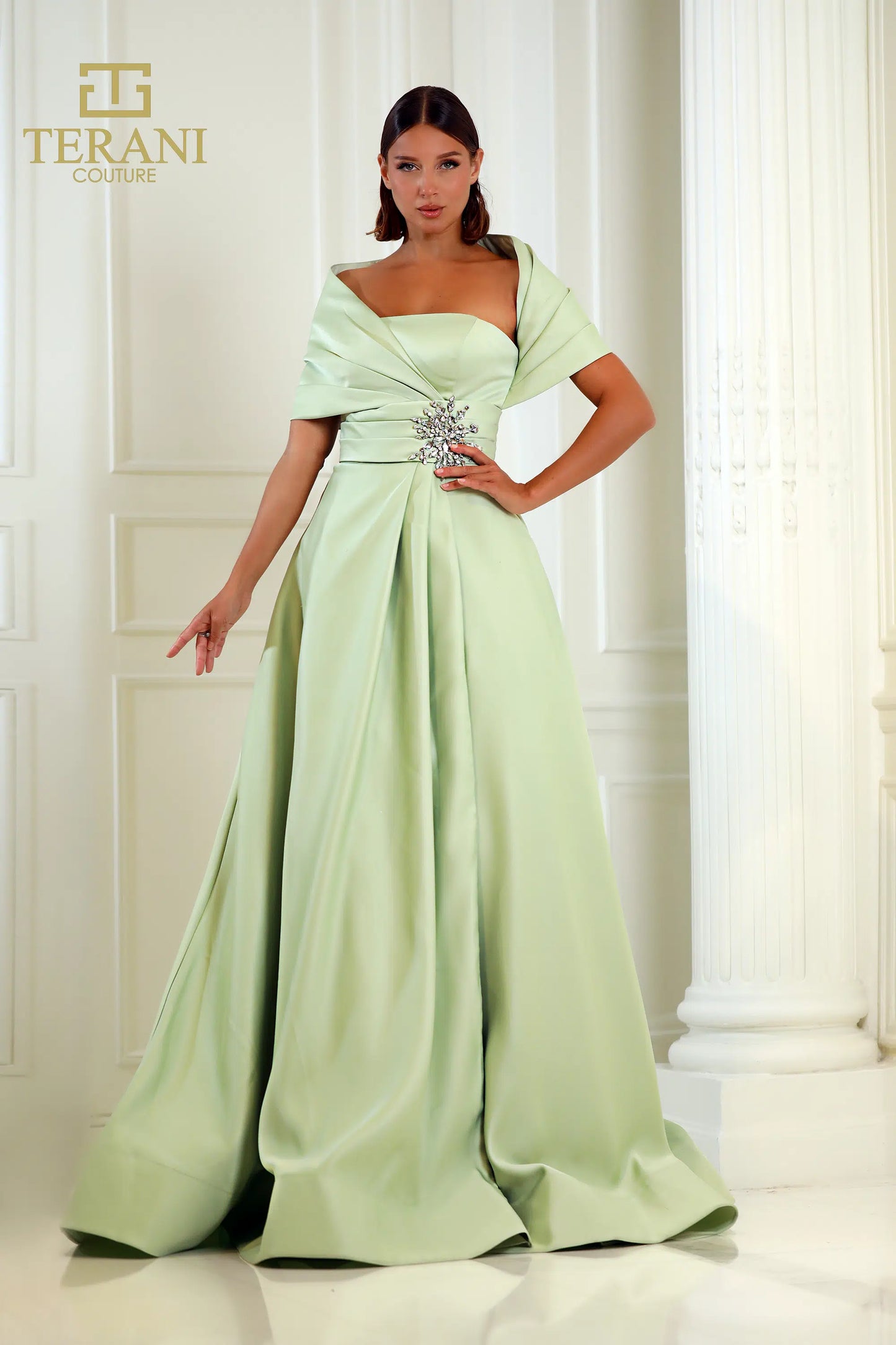 Terani Couture 251M4441 Matte Satin A-line One Shoulder Long Dress