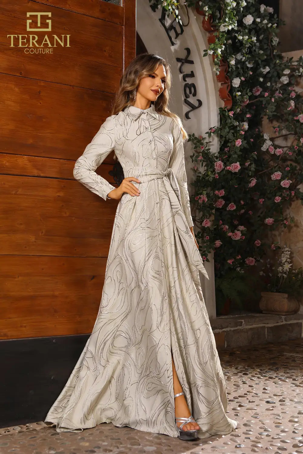 Terani Couture 251M4458 A-line Full Sleeves Jacquard Long Dress