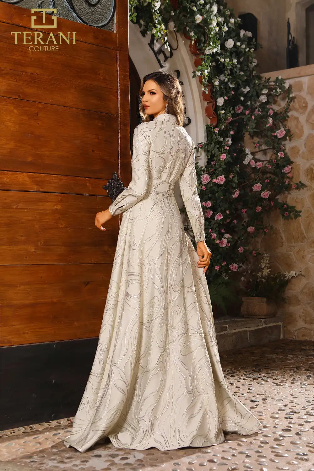 Terani Couture 251M4458 A-line Full Sleeves Jacquard Long Dress