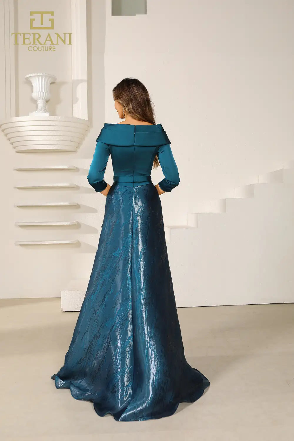 Terani Couture 251M4461 V-neck Shimmer Long A-line Blue Dress