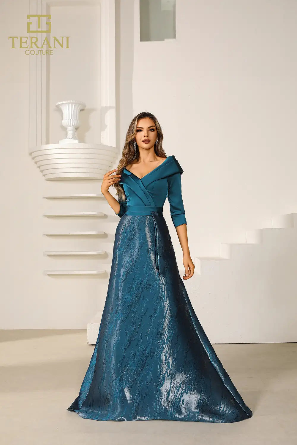 Terani Couture 251M4461 V-neck Shimmer Long A-line Blue Dress