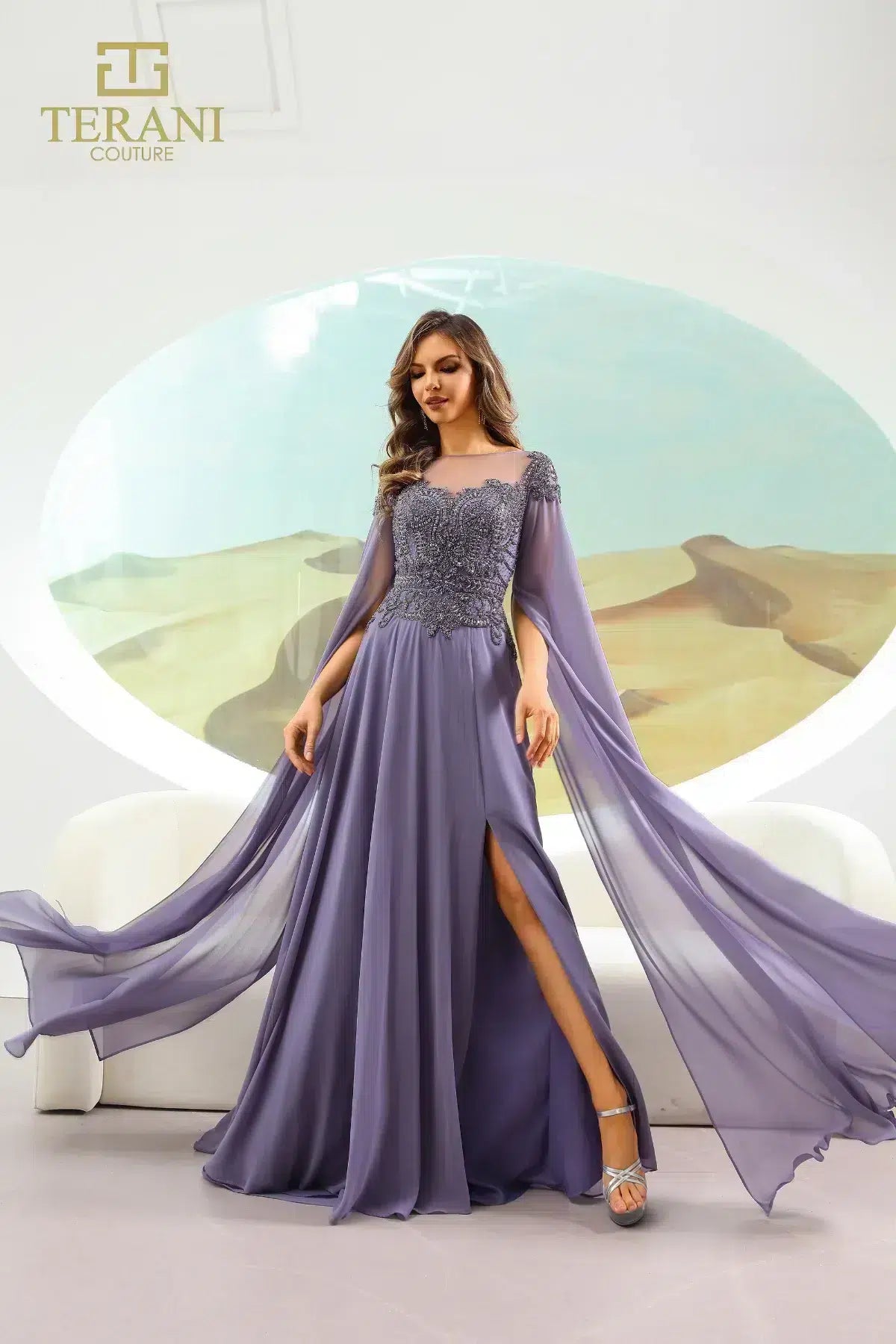 Terani Couture 251M4463 Illusion Neck Blueberry A-line Chiffon Long Dress