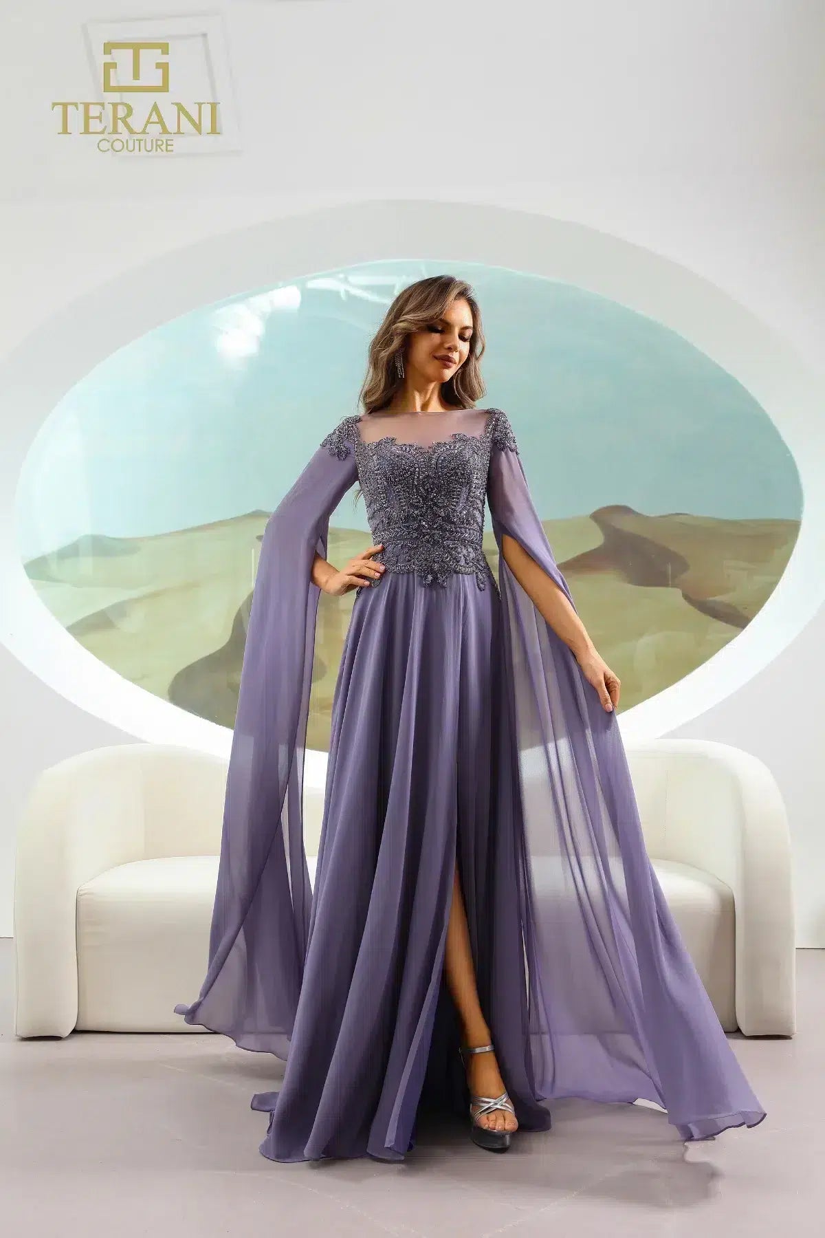 Terani Couture 251M4463 Illusion Neck Blueberry A-line Chiffon Long Dress