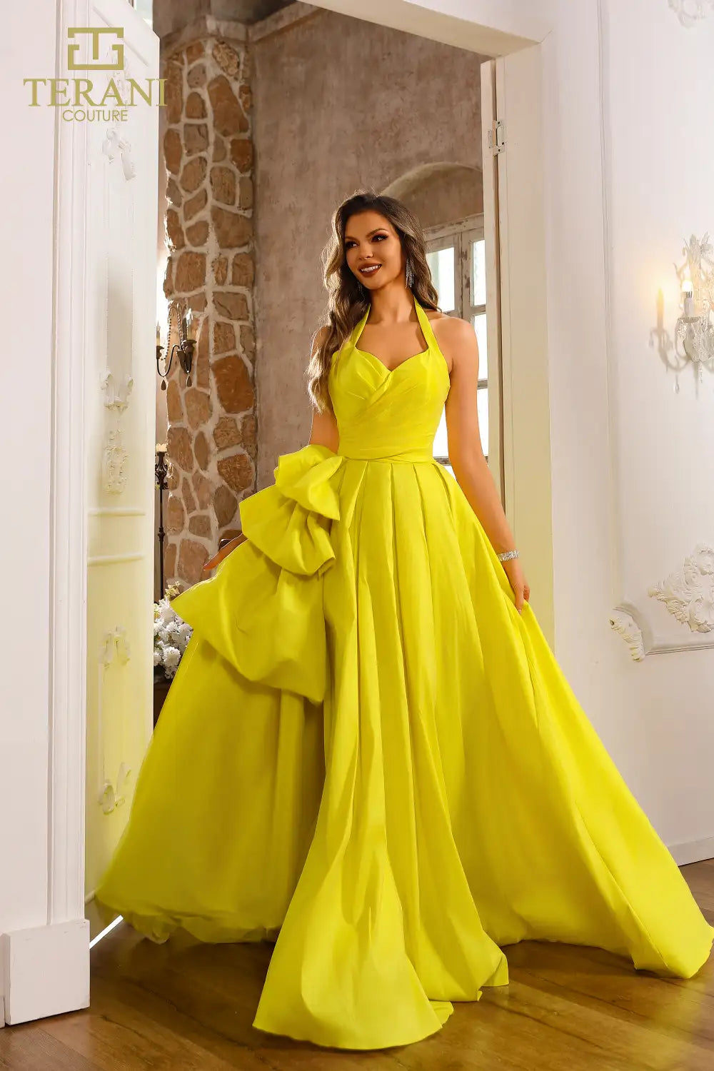 Terani Couture 251P4058 Stretch Taffeta Sleeveless Halter Ballgown