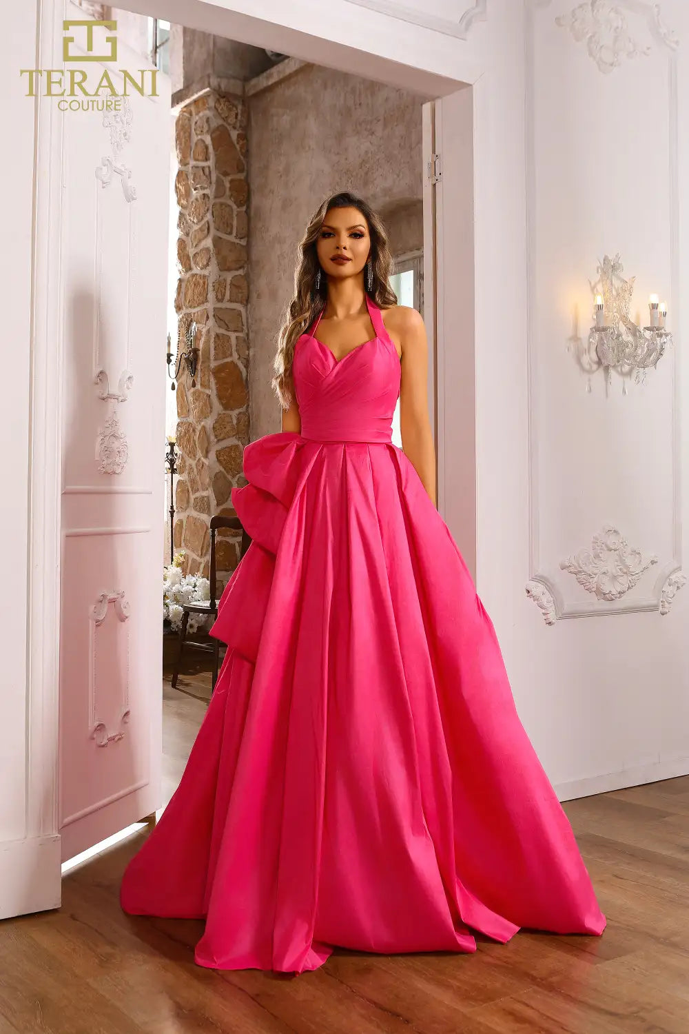 Terani Couture 251P4058 Stretch Taffeta Sleeveless Halter Ballgown