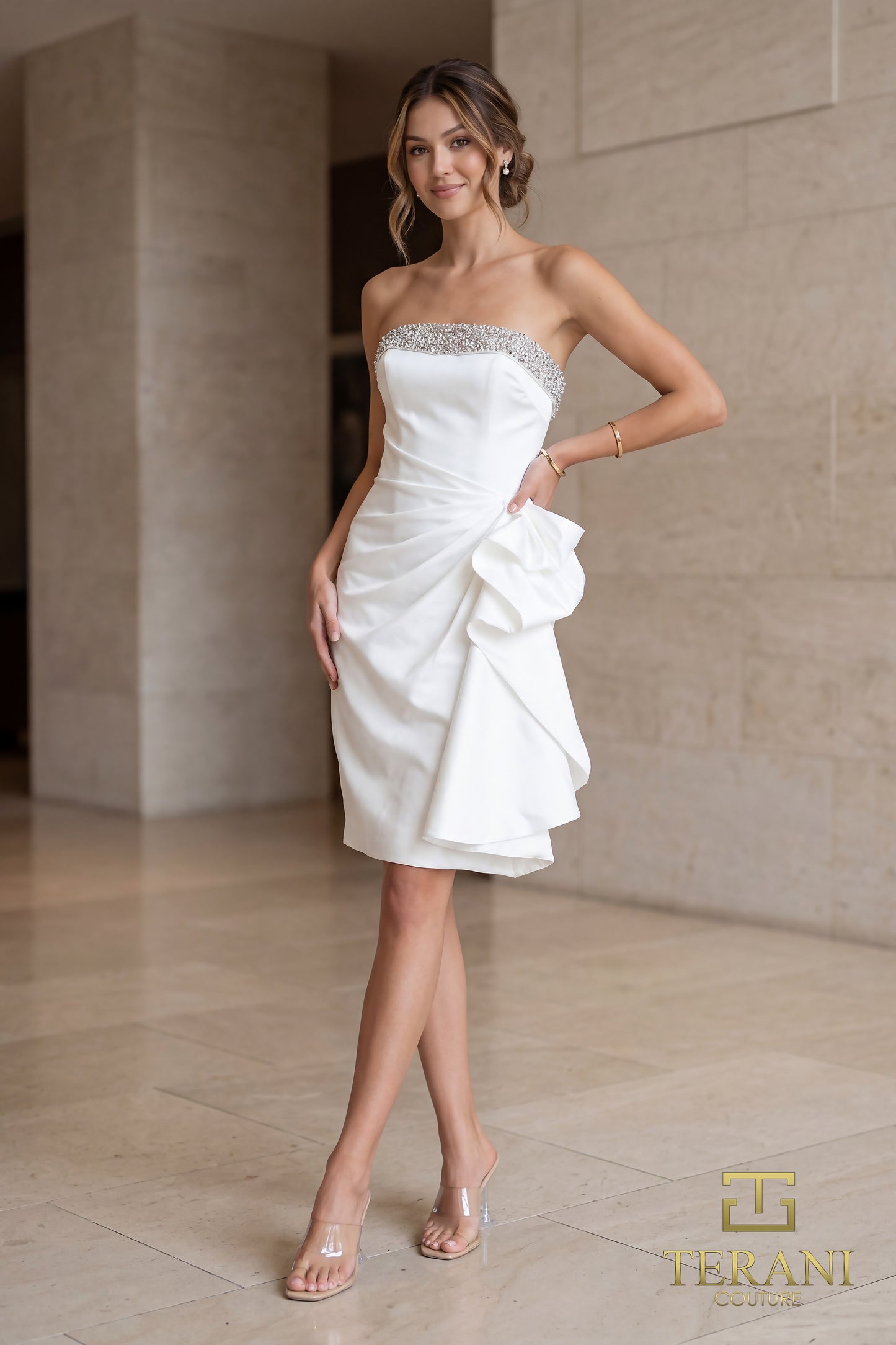 Terani Couture 252C5098 Ivory Strapless Beaded Neckline Stretch Mikado Bodycon Cocktail Dress with Side Ruffle