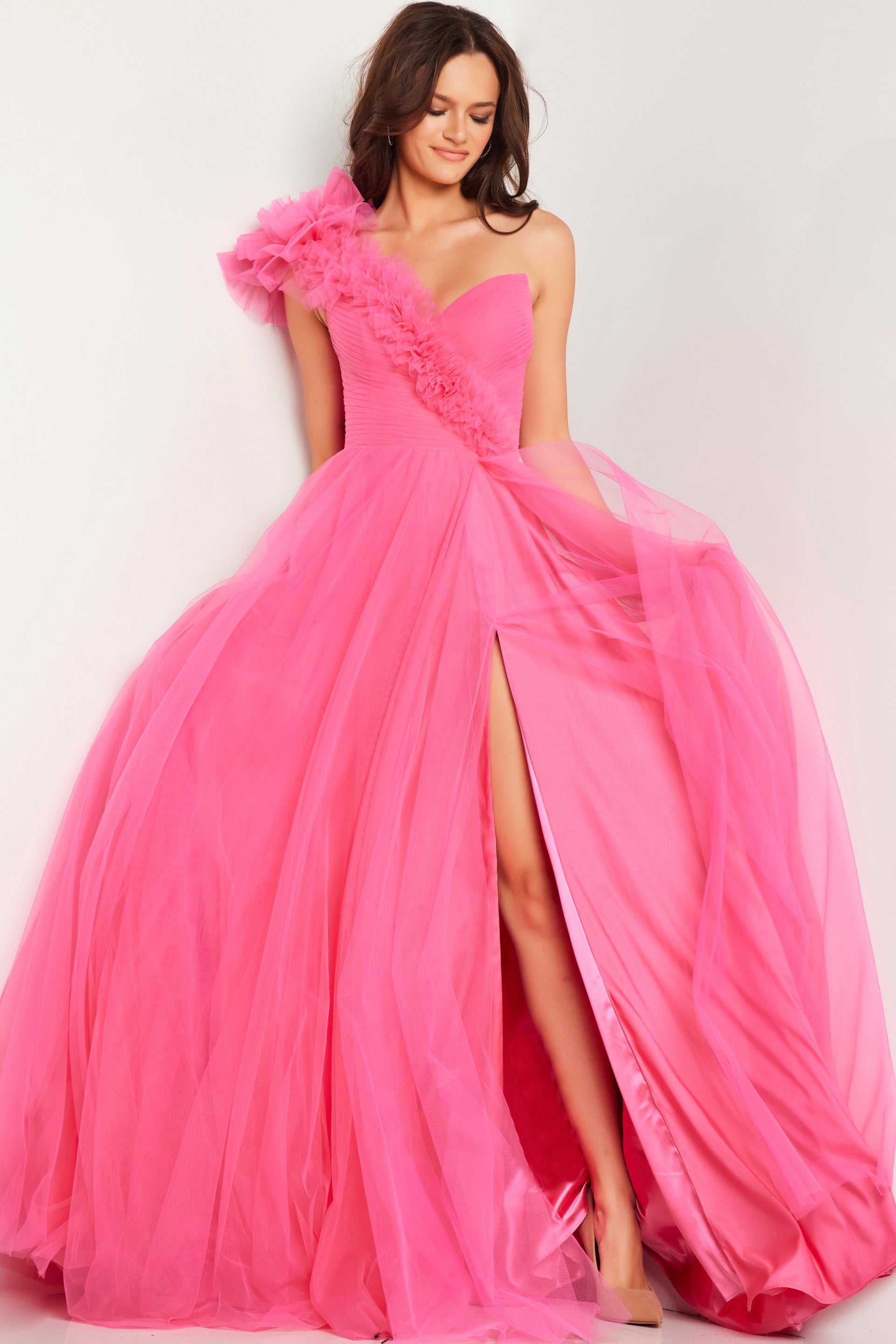 Jovani 25919 Ruffle Shoulder High Slit Ballgown B Chic Fashions Long Dress Evening Gowns