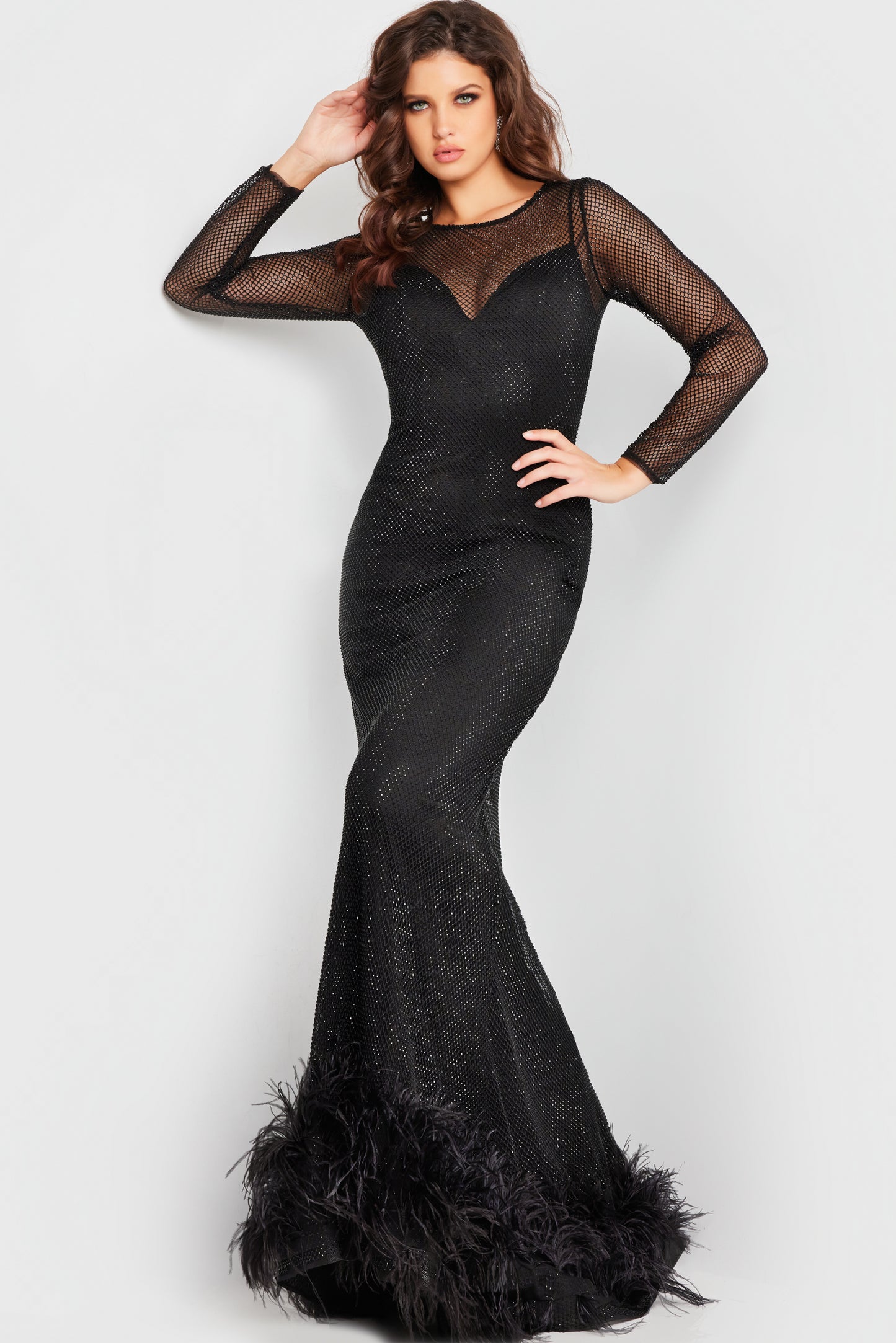 Jovani 26047 Net Long Sleeve Fitted Dress