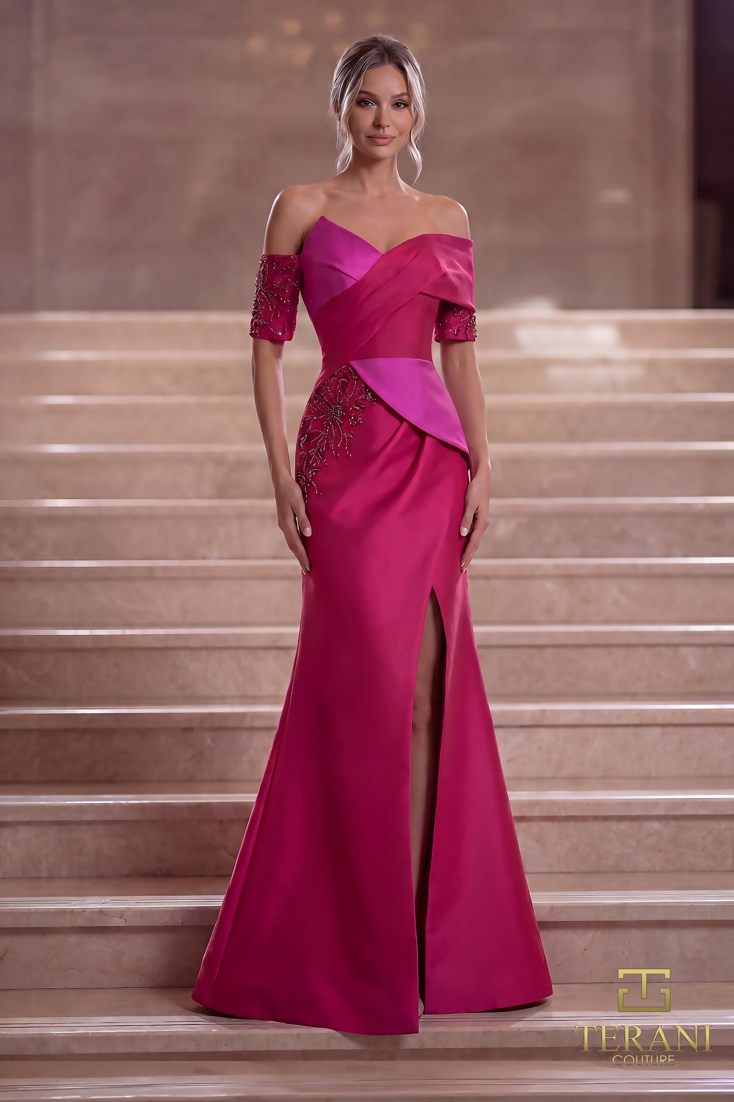 Terani Couture 261E6210 Fuchsia Asymmetrical Off-Shoulder Two-Tone Stretch Mikado Trumpet Evening Gown with Slit