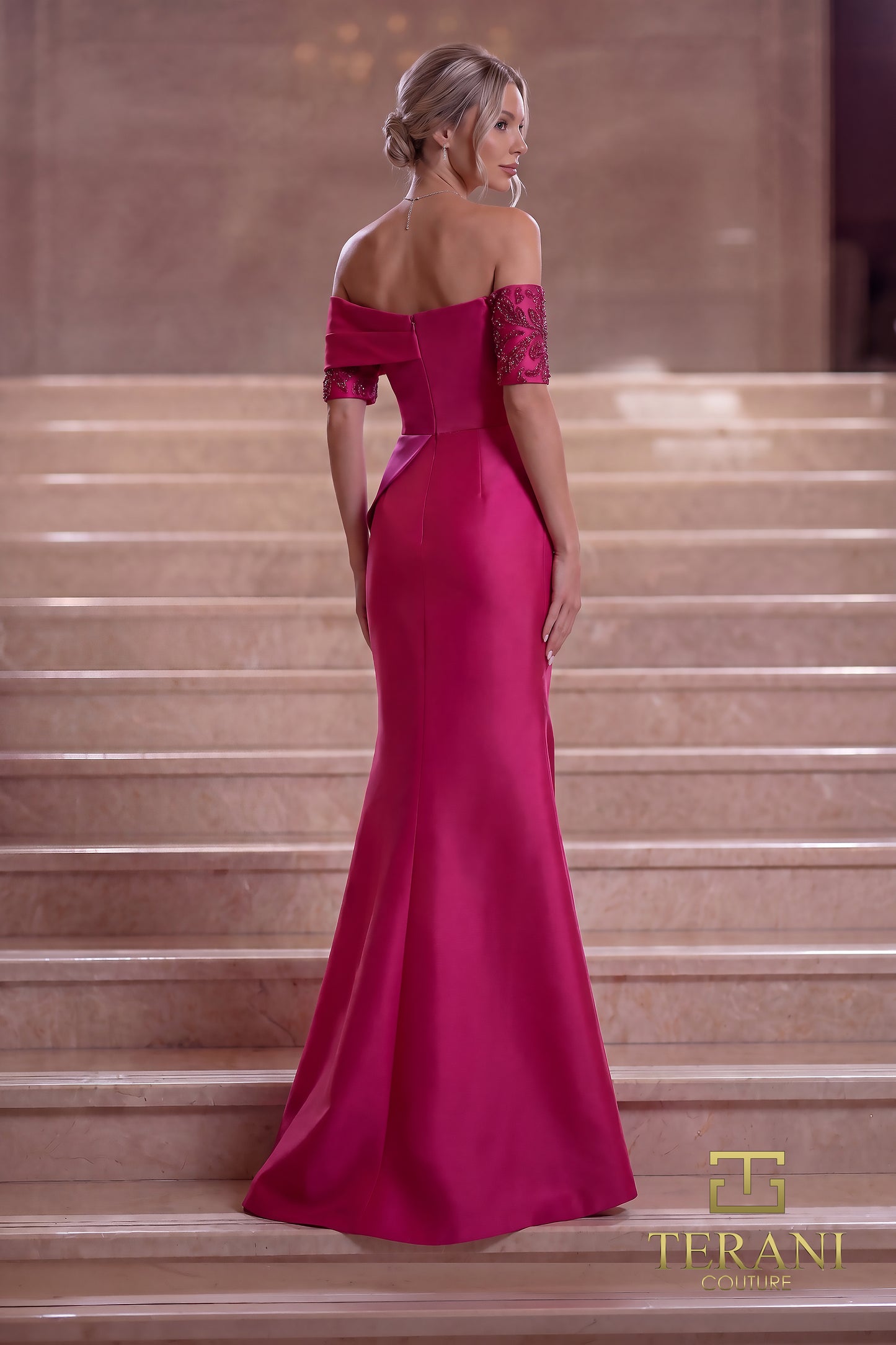 Terani Couture 261E6210 Fuchsia Asymmetrical Off-Shoulder Two-Tone Stretch Mikado Trumpet Evening Gown with Slit
