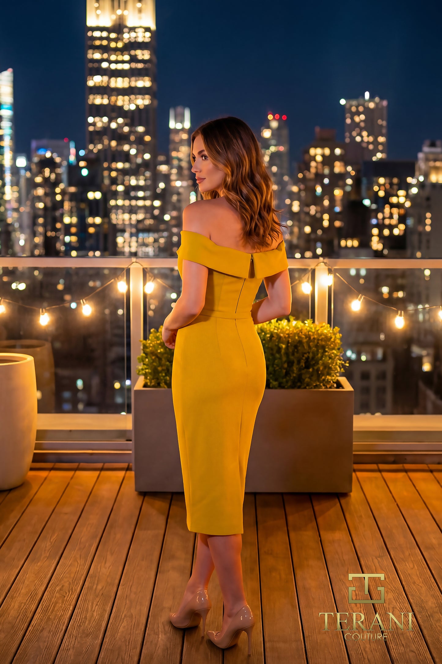 Terani Couture 262C7004 Yellow Off-Shoulder Folded Portrait Collar Stretch Faille Midi Cocktail Dress with 3D Flower Accent
