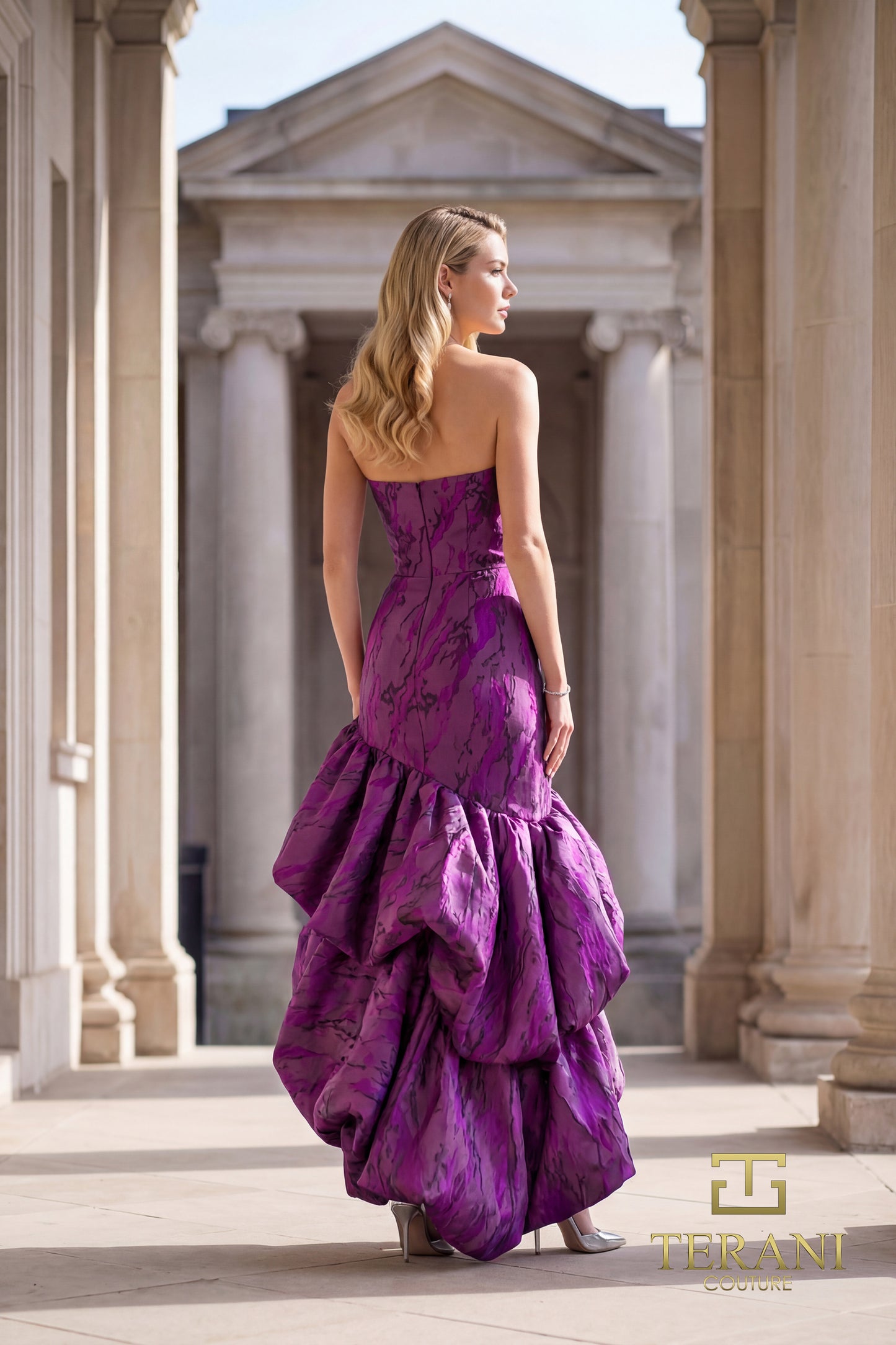 Terani Couture 262C7546 Purple Strapless Sweetheart Brocade Tiered Bubble-Hem Modified Mermaid Dress