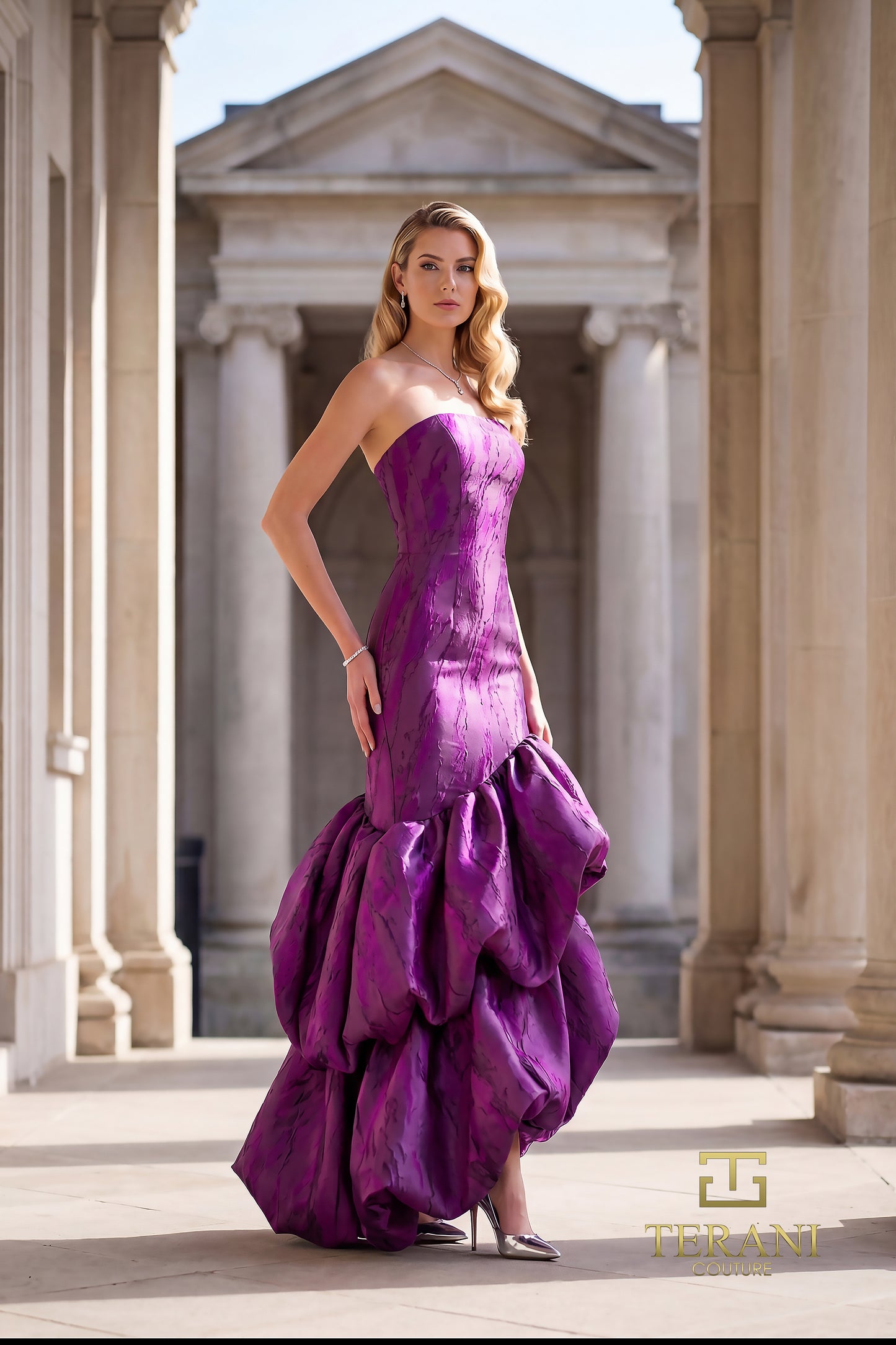 Terani Couture 262C7546 Purple Strapless Sweetheart Brocade Tiered Bubble-Hem Modified Mermaid Dress