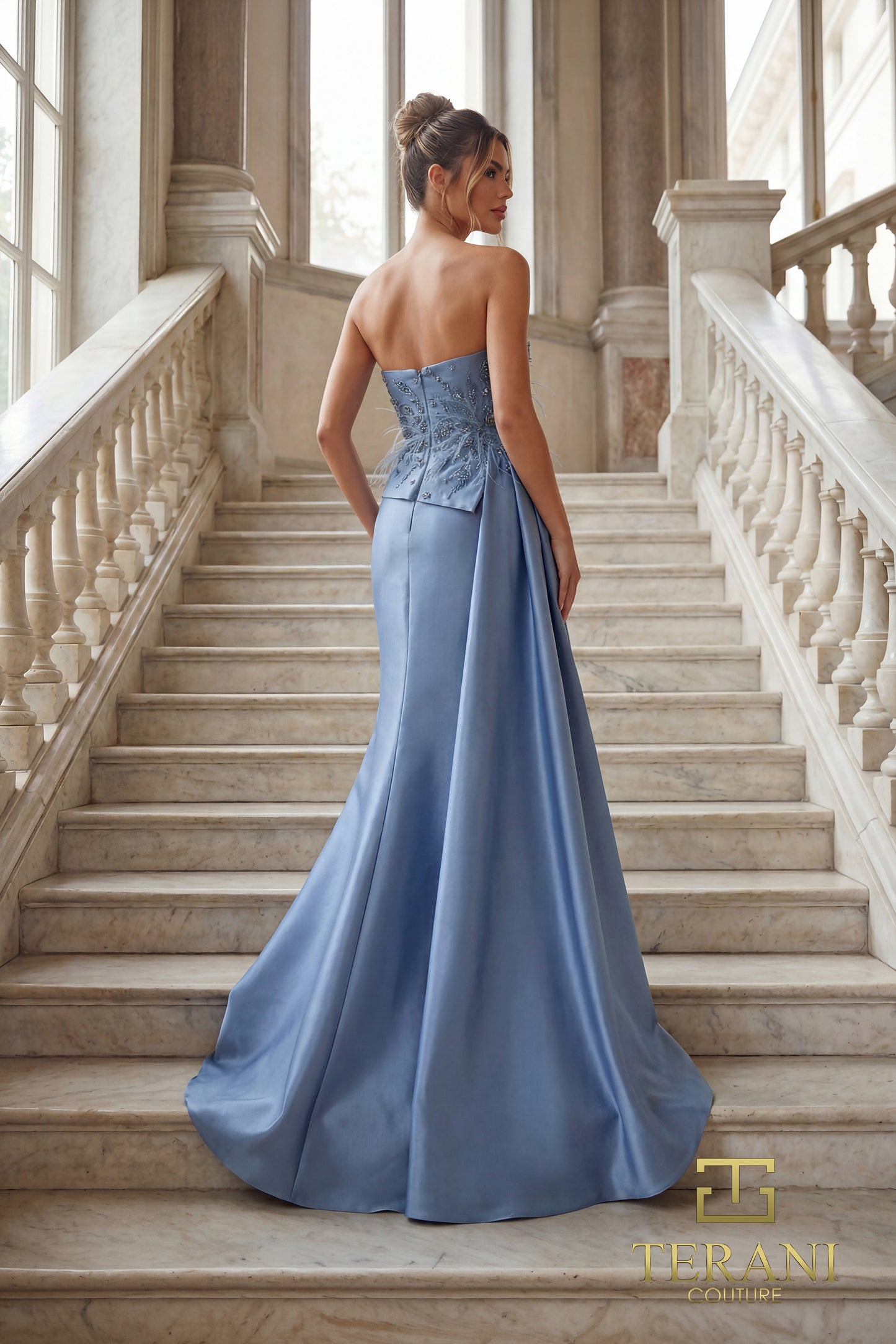 Terani Couture 262E7052 Blue Asymmetrical Strapless Feather & Lace Mikado Column Gown with Side Overskirt