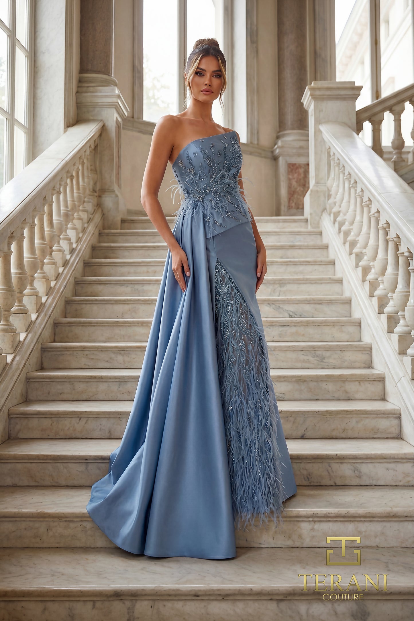 Terani Couture 262E7052 Blue Asymmetrical Strapless Feather & Lace Mikado Column Gown with Side Overskirt