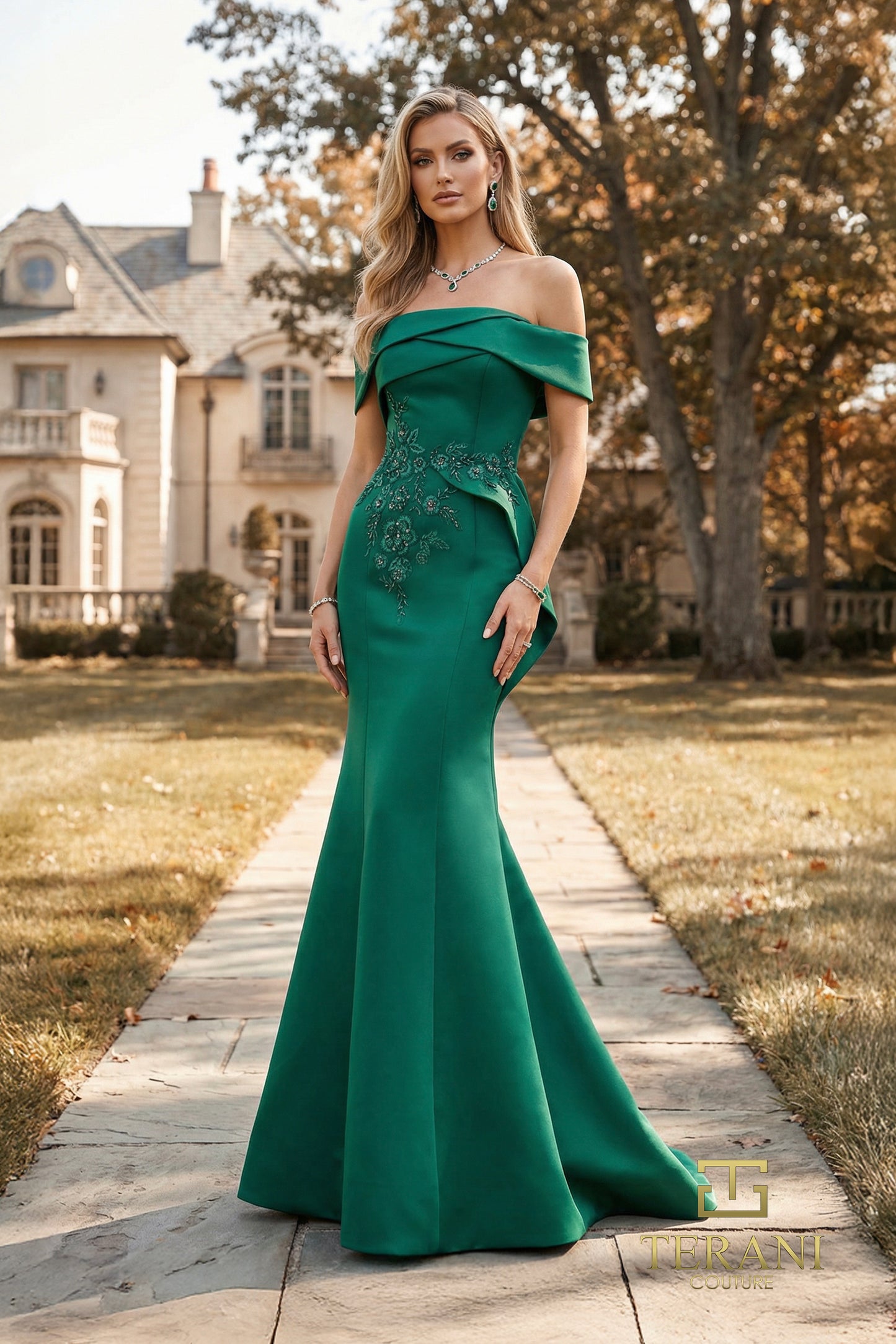 Terani Couture 262E7053 Green Criss-Cross Off-The-Shoulder Beaded Matte Satin Trumpet Gown