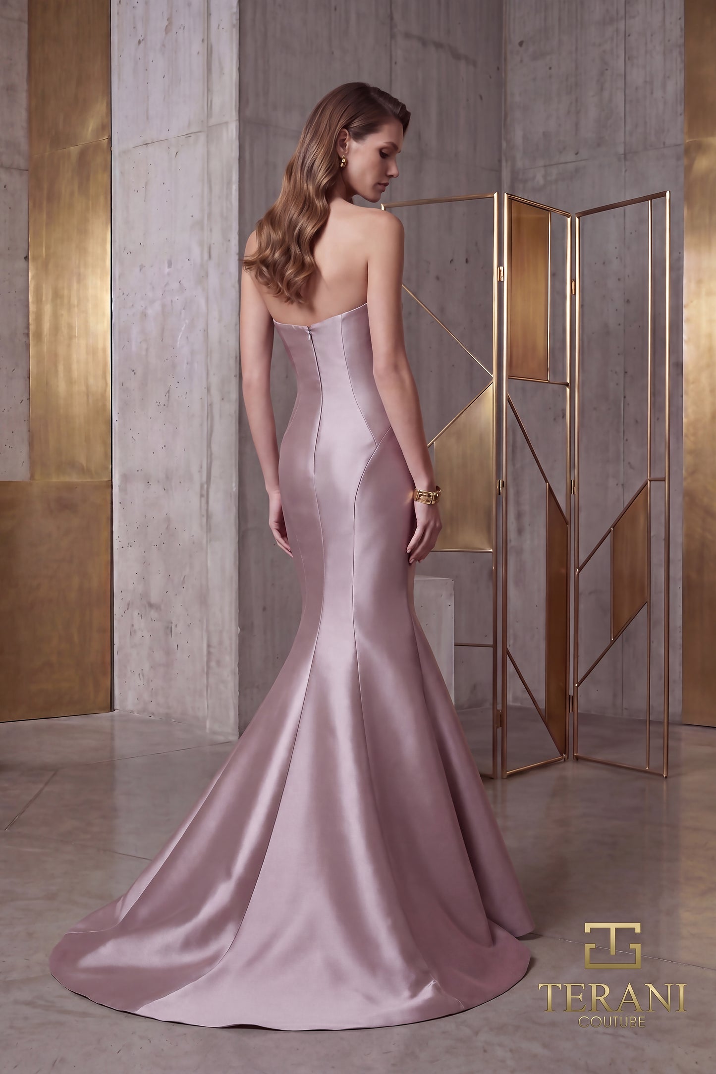 Terani Couture 262E7055 Pink Asymmetrical Strapless Crystal-Inset Mikado Architectural Mermaid Gown