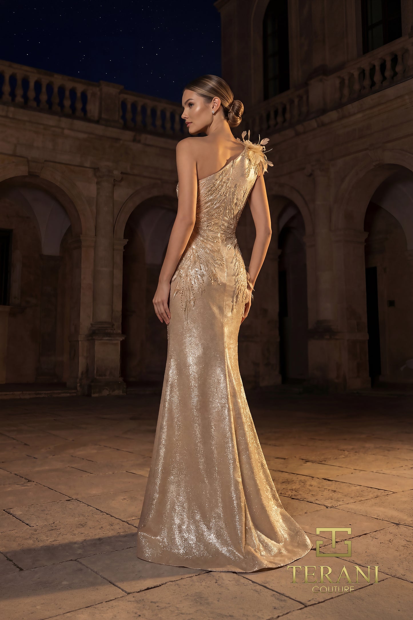 Terani Couture 262E7062 Gold Asymmetrical One-Shoulder Feather & Beaded Metallic Column Gown with High Slit