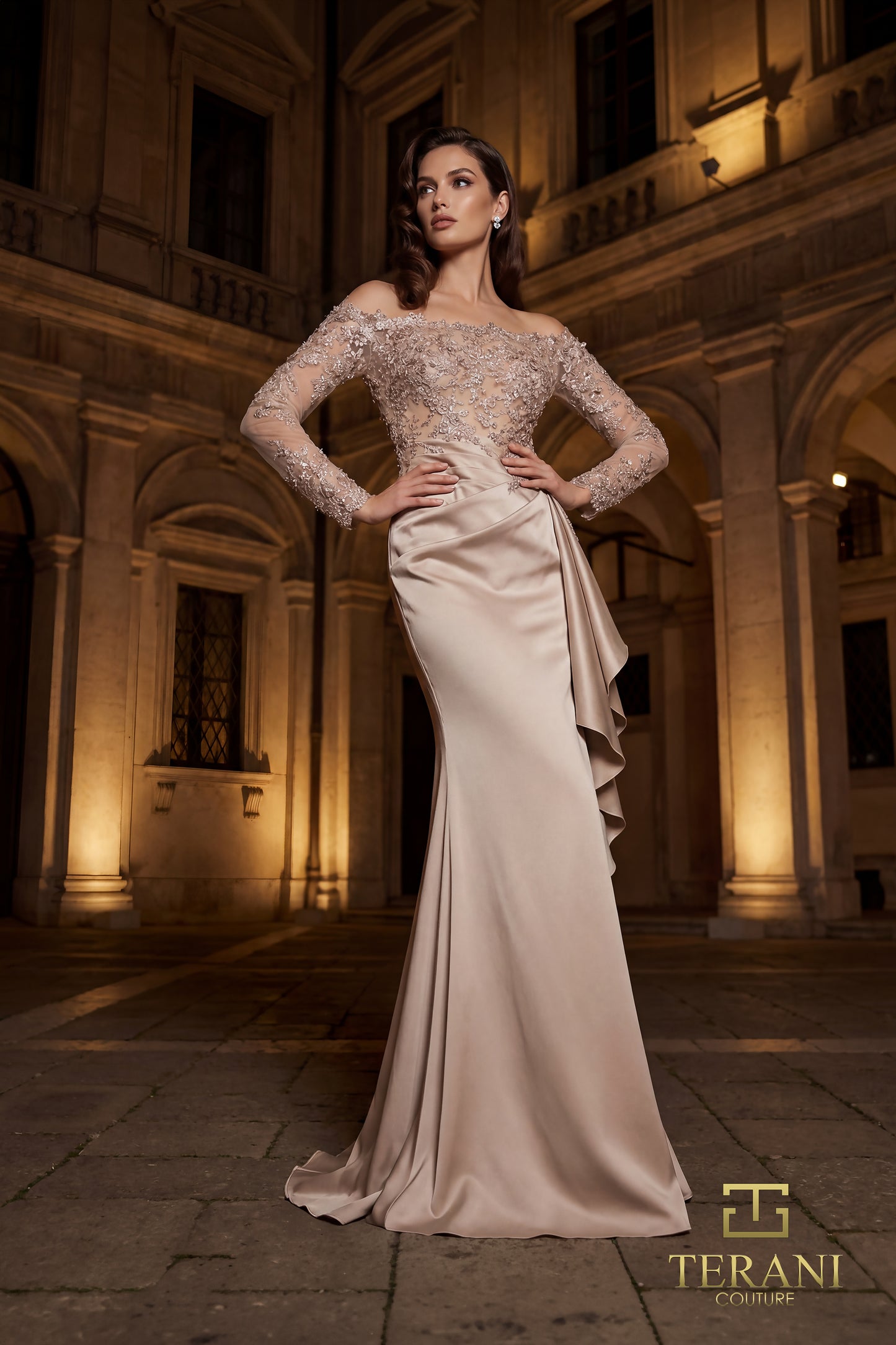 Terani Couture 262E7074 Pink Long-Sleeve Off-the-Shoulder Trumpet Evening Dress