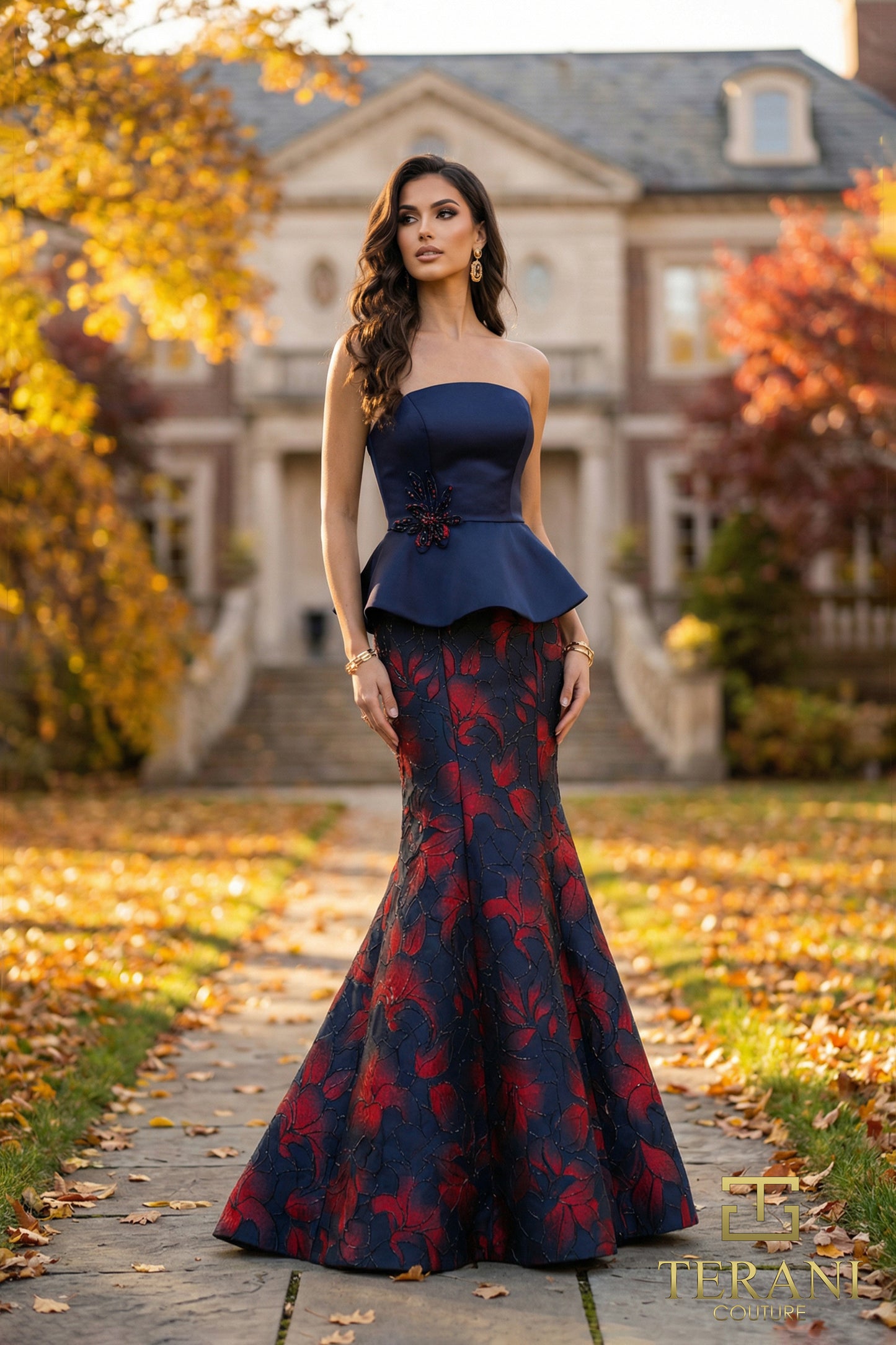 Terani Couture 262E7075 Navy Red Strapless Velvet & Floral Jacquard Peplum Mermaid Gown