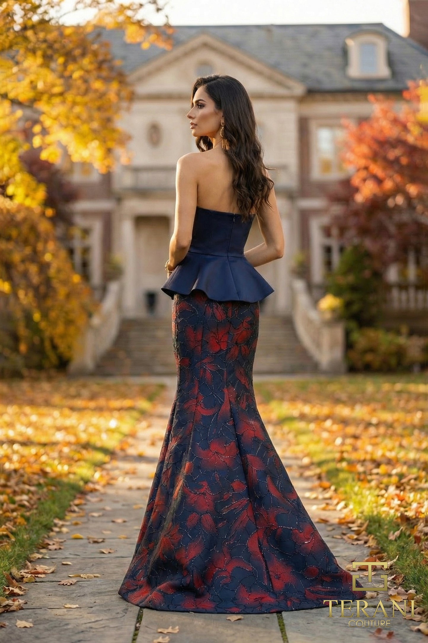 Terani Couture 262E7075 Navy Red Strapless Velvet & Floral Jacquard Peplum Mermaid Gown