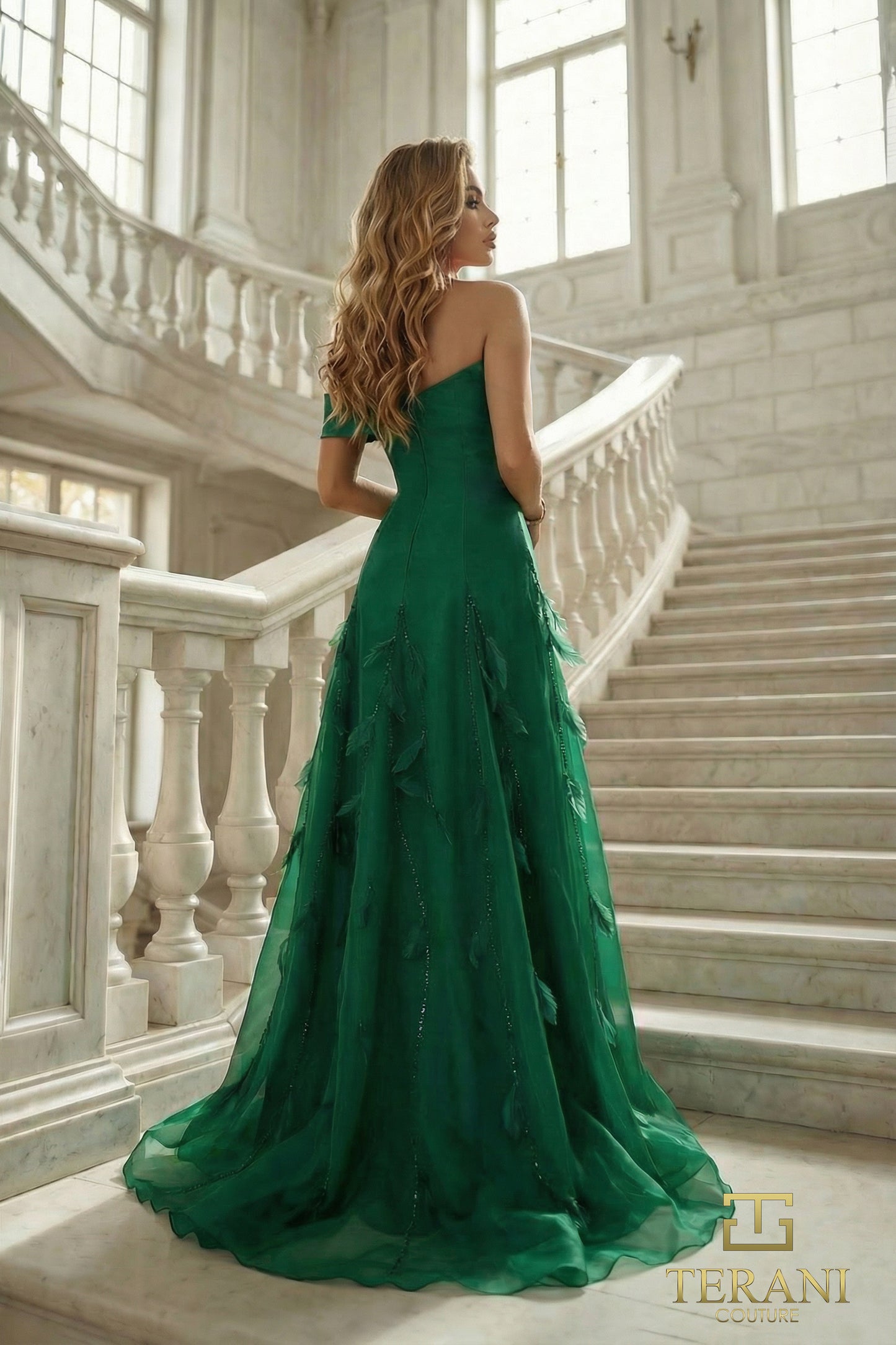 Terani Couture 262E7080 Green Off-The-Shoulder Feather-Appliqué Mikado & Organza Ballgown