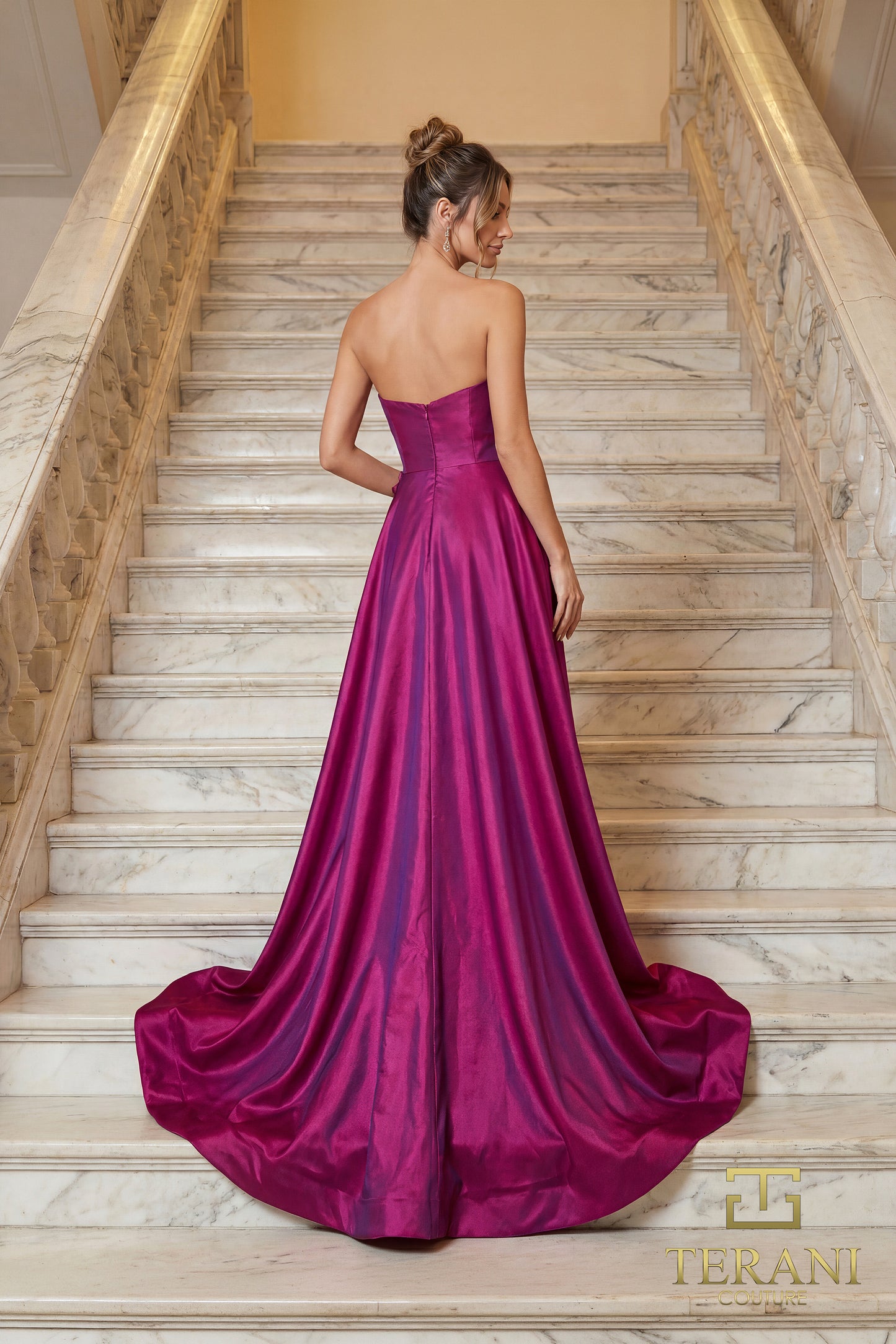 Terani Couture 262E7082 Strapless Iridescent Taffeta A-Line Gown with 3D Floral Accent