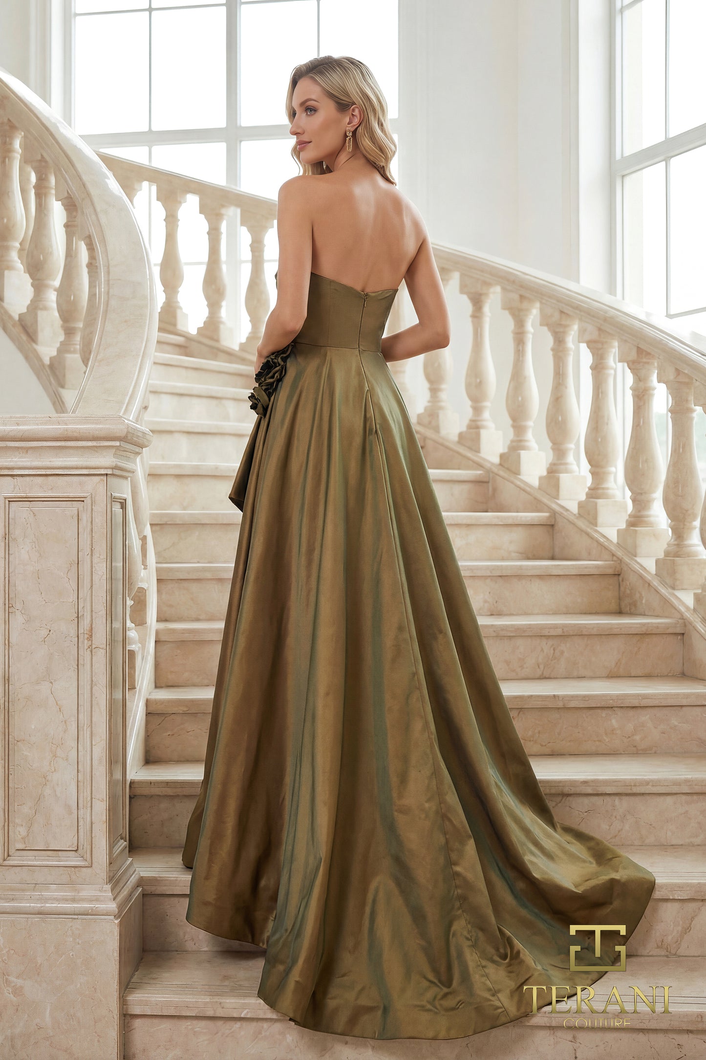 Terani Couture 262E7082 Strapless Iridescent Taffeta A-Line Gown with 3D Floral Accent