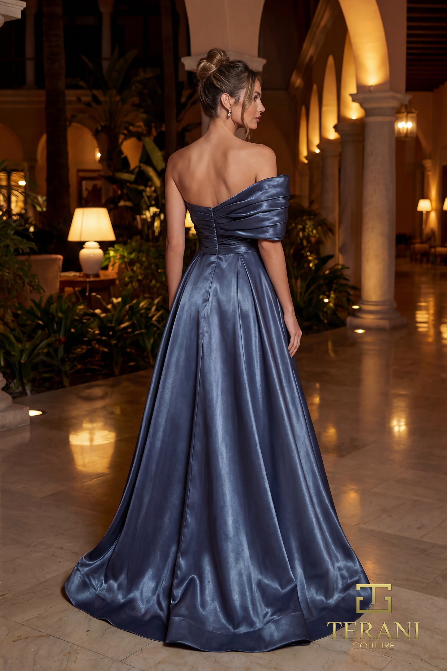 Terani Couture 262E7103 Navy Asymmetrical One-Shoulder Mirror Organza Evening Ballgown