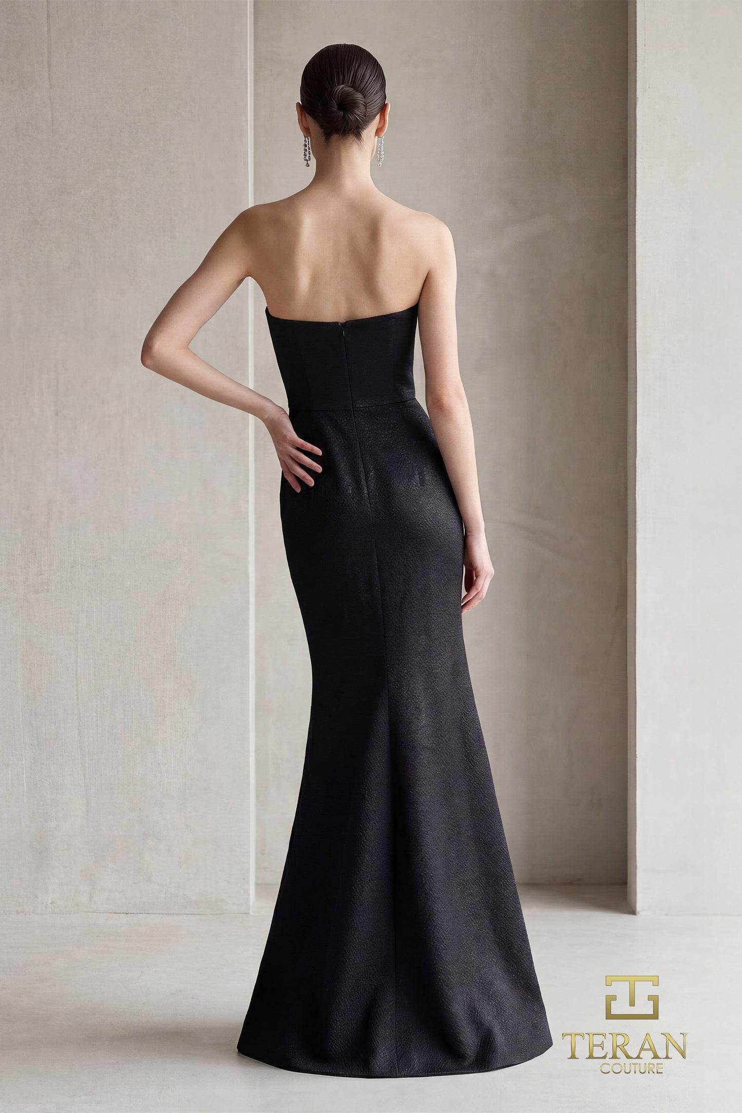 Terani Couture 262E7107 Black Asymmetrical Beaded One-Shoulder Stretch Jacquard Trumpet Gown
