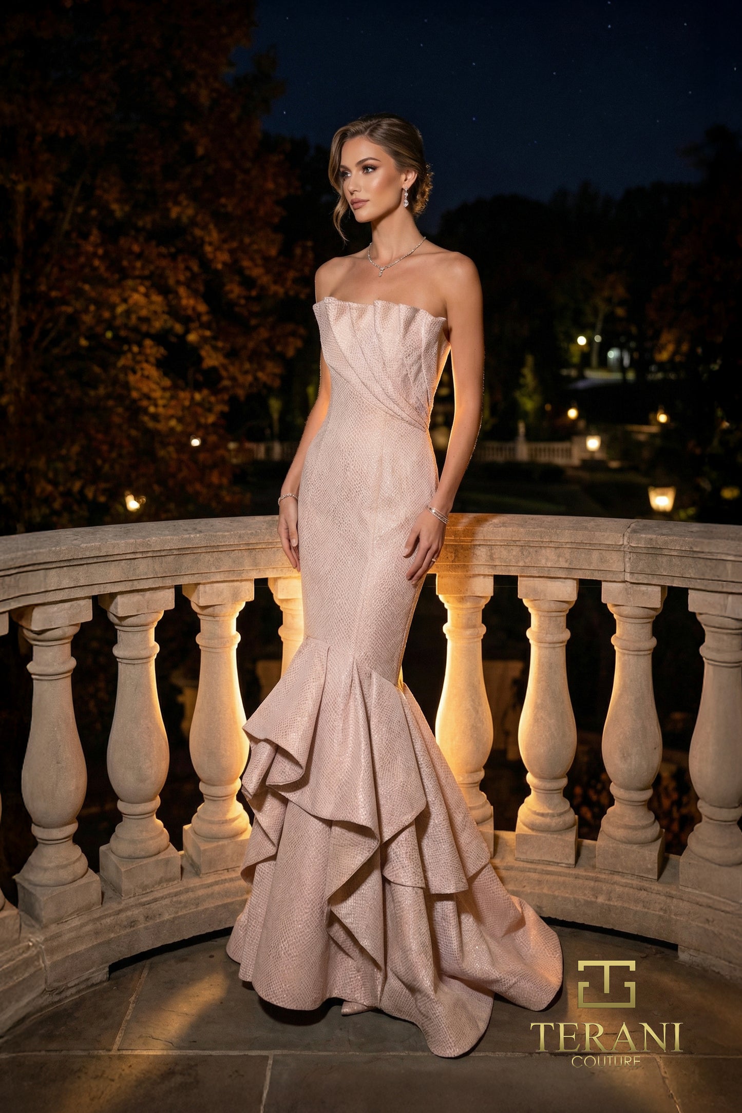 Terani Couture 262E7108 Strapless Notched Sweetheart Tiered Ruffle Stretch Jacquard Mermaid Gown