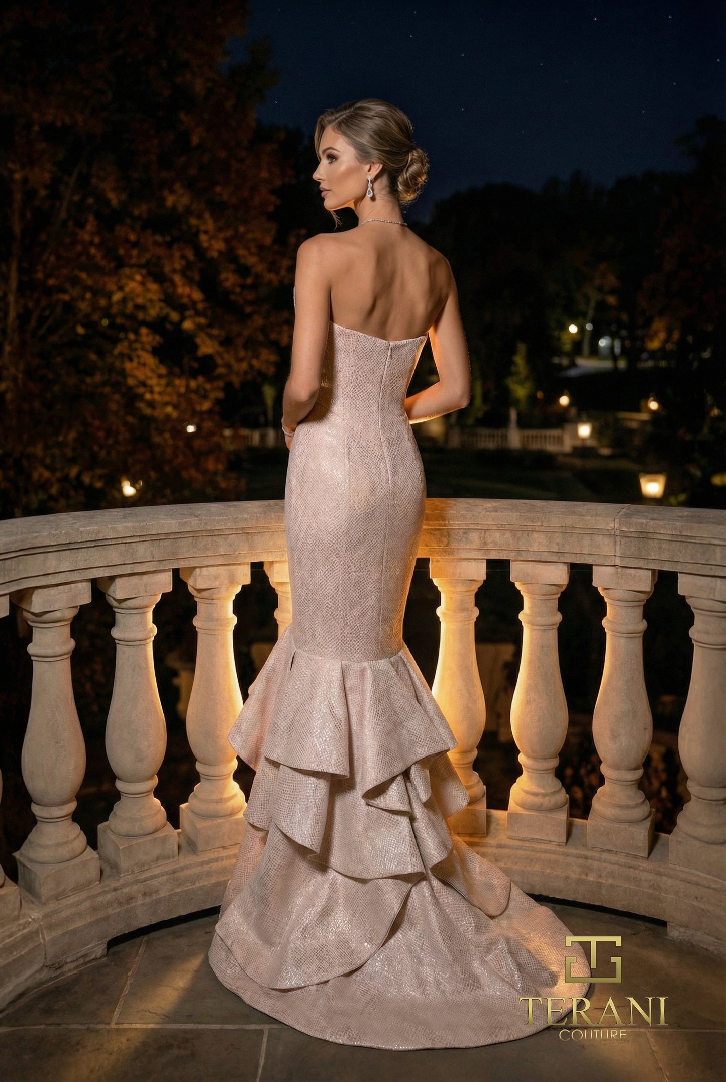 Terani Couture 262E7108 Strapless Notched Sweetheart Tiered Ruffle Stretch Jacquard Mermaid Gown