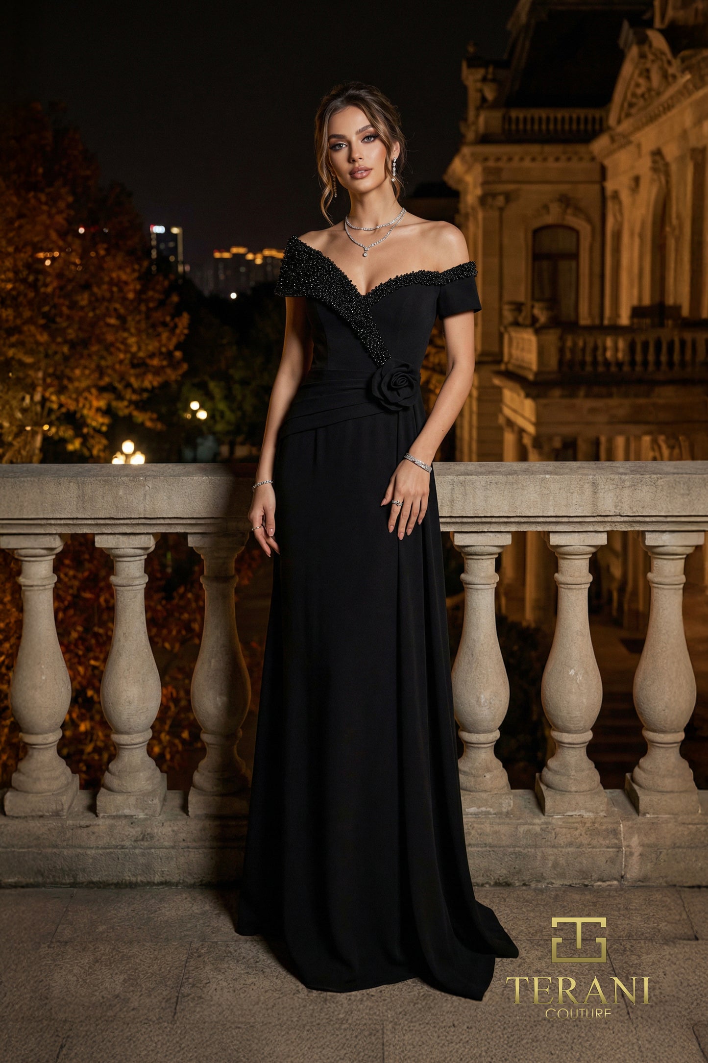 Terani Couture 262E7122 Black Asymmetrical Off-Shoulder Beaded V-Neck Slick Crepe Column Gown with Rosette