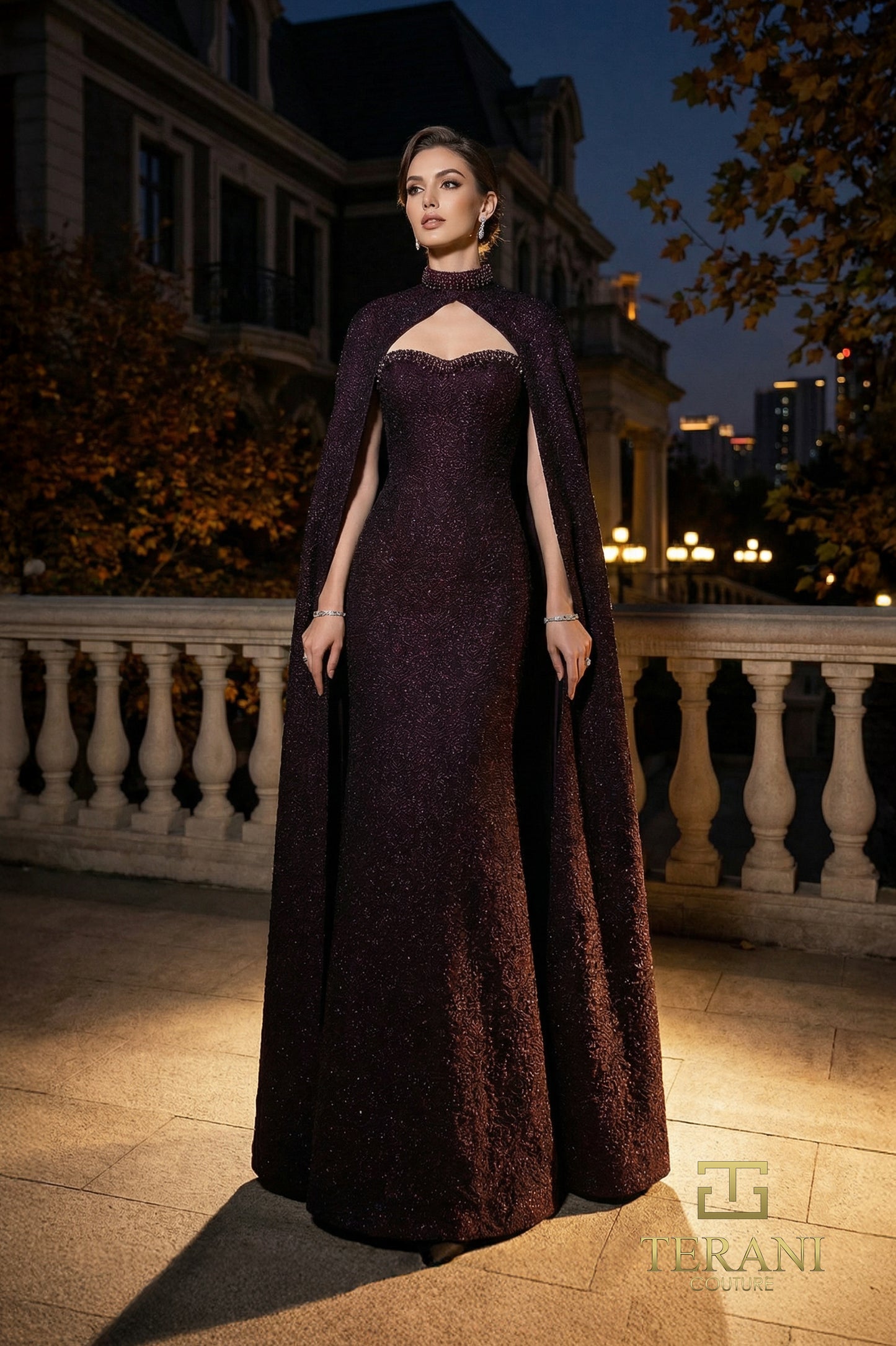 Terani Couture 262E7125 Wine Keyhole Sweetheart Gratacos Jacquard Sheath Gown with Integrated Full-Length Cape