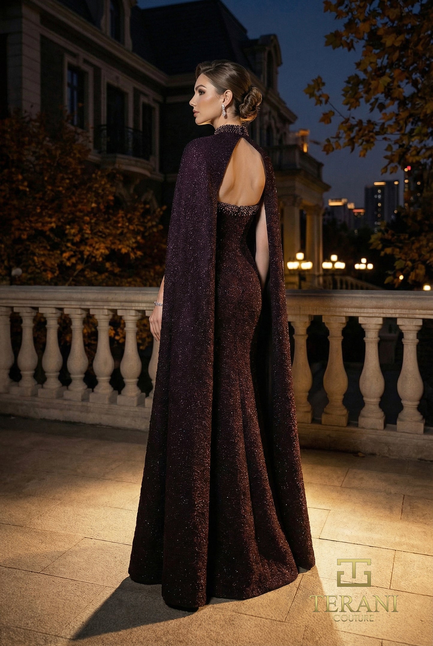 Terani Couture 262E7125 Wine Keyhole Sweetheart Gratacos Jacquard Sheath Gown with Integrated Full-Length Cape