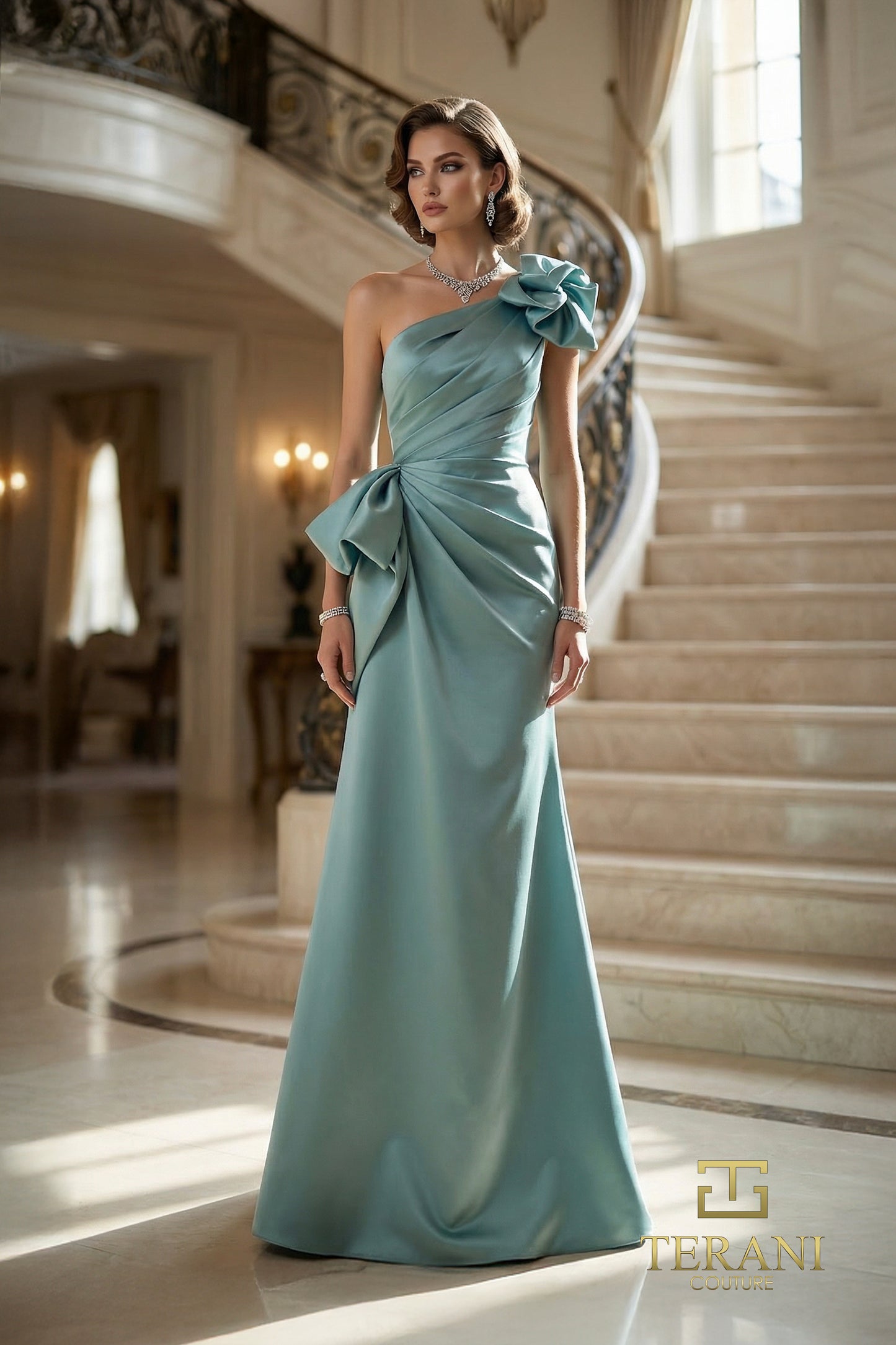 Terani Couture 262E7132 Green Asymmetrical One-Shoulder Sculptural Rosette Matte Satin Column Gown