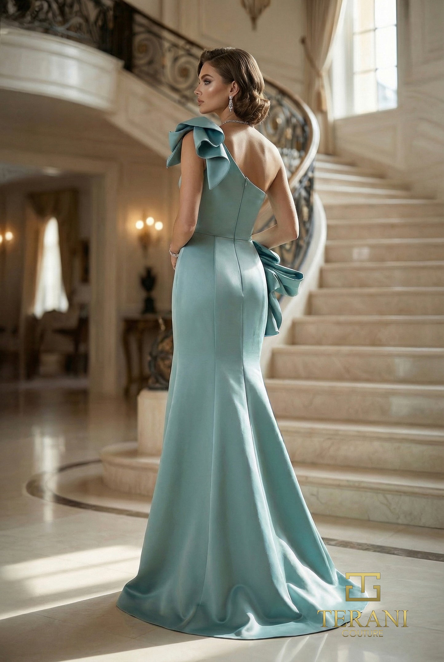 Terani Couture 262E7132 Green Asymmetrical One-Shoulder Sculptural Rosette Matte Satin Column Gown