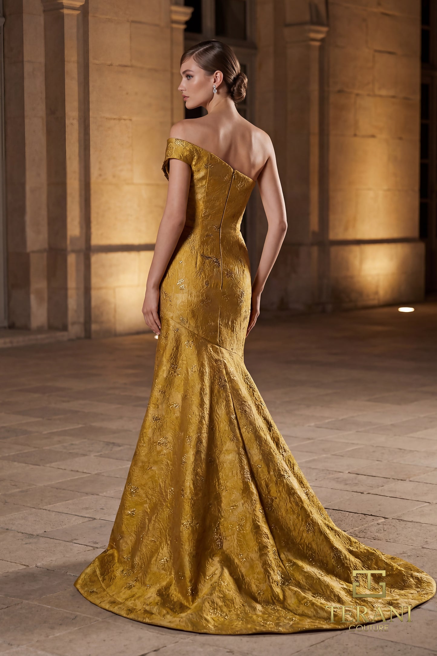 Terani Couture 262E7137 Gold One-Shoulder Jacquard Trumpet Gown