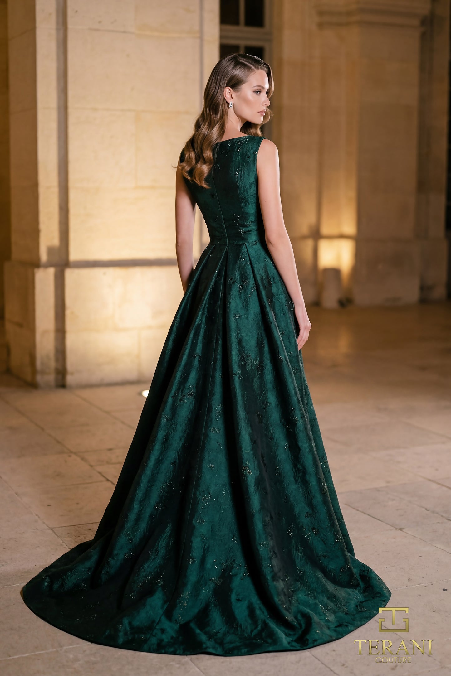 Terani Couture 262E7138 Green Plunging V-Neck Jacquard A-Line Ball Gown with Overskirt