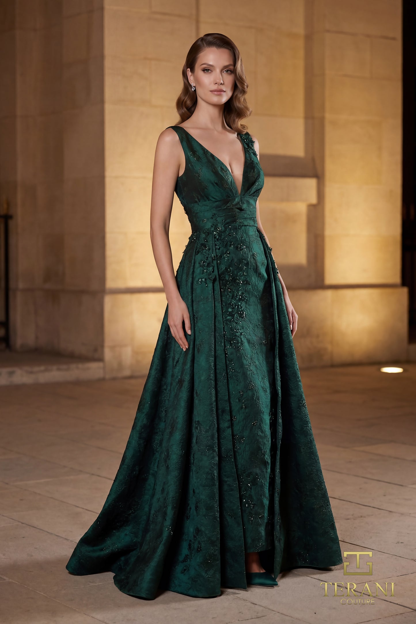 Terani Couture 262E7138 Green Plunging V-Neck Jacquard A-Line Ball Gown with Overskirt