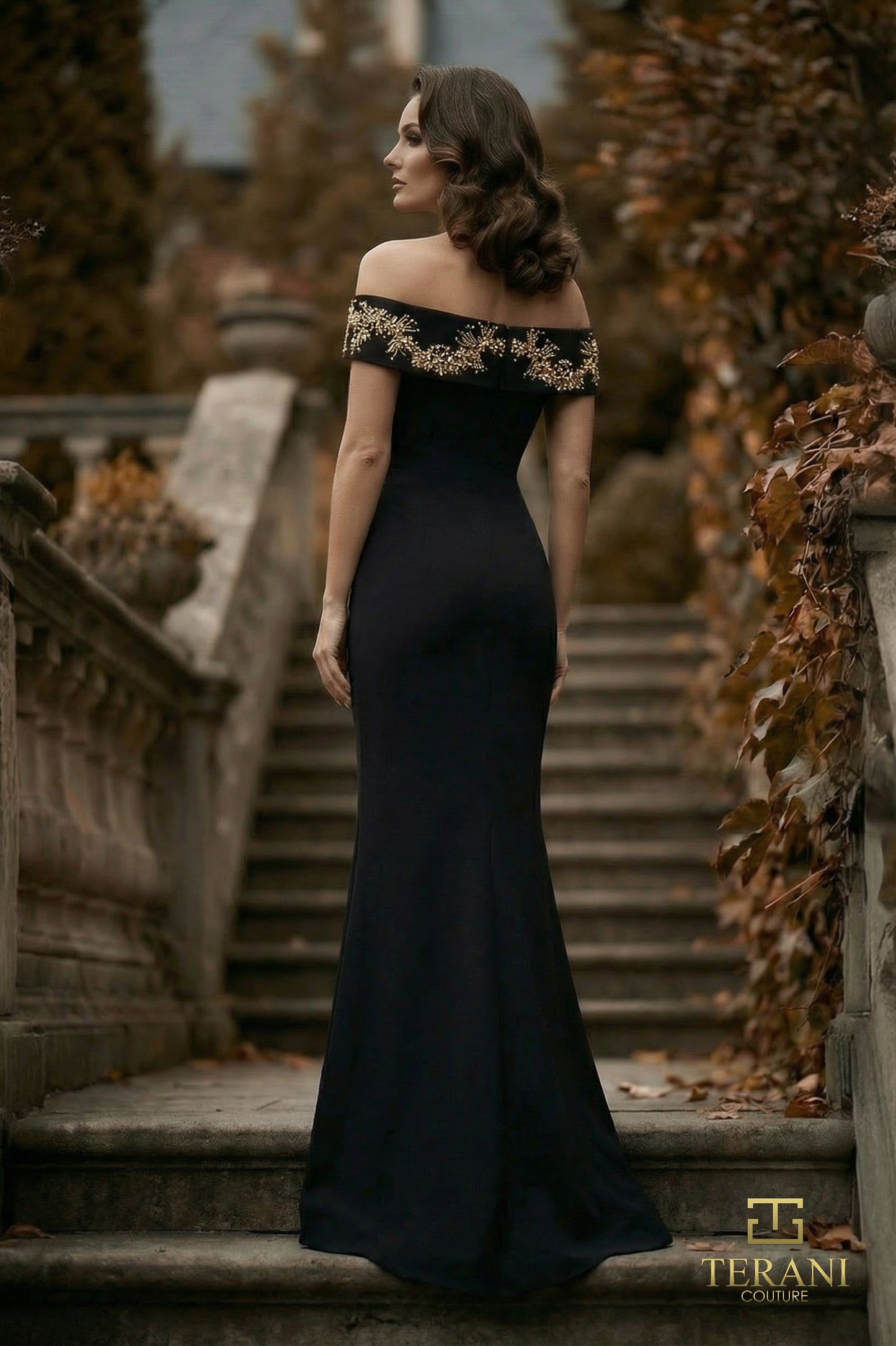Terani Couture 262E7139 Black Crepe Fit-and-Flare Off-the-Shoulder Sweetheart Gown with Ornate Crystal Embellishments